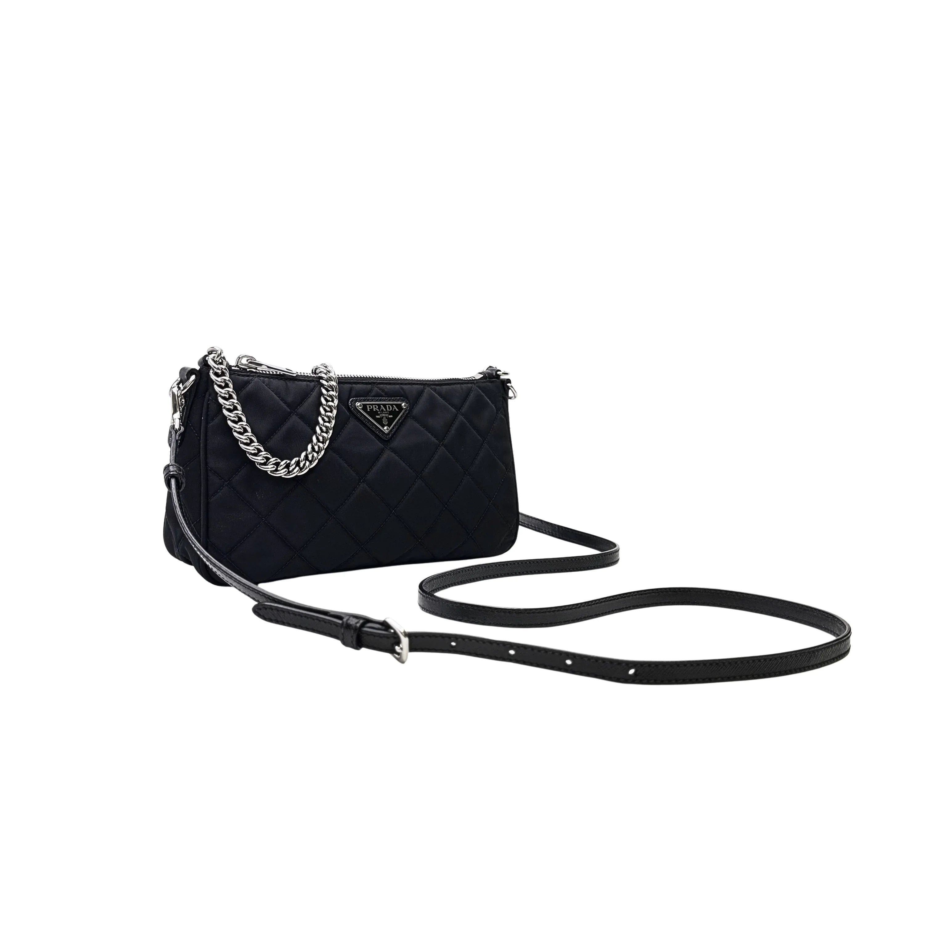 Prada Tessuto Quilted Chain Crossbody Bag Nylon Black - Lost Designer