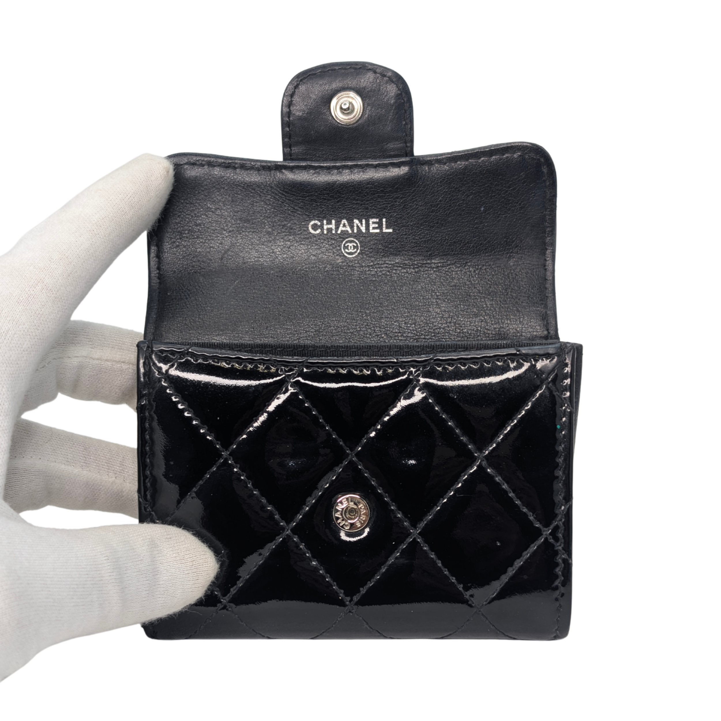 Chanel Classic Single Flap Small Matelassè Patent Folding Wallet Black
