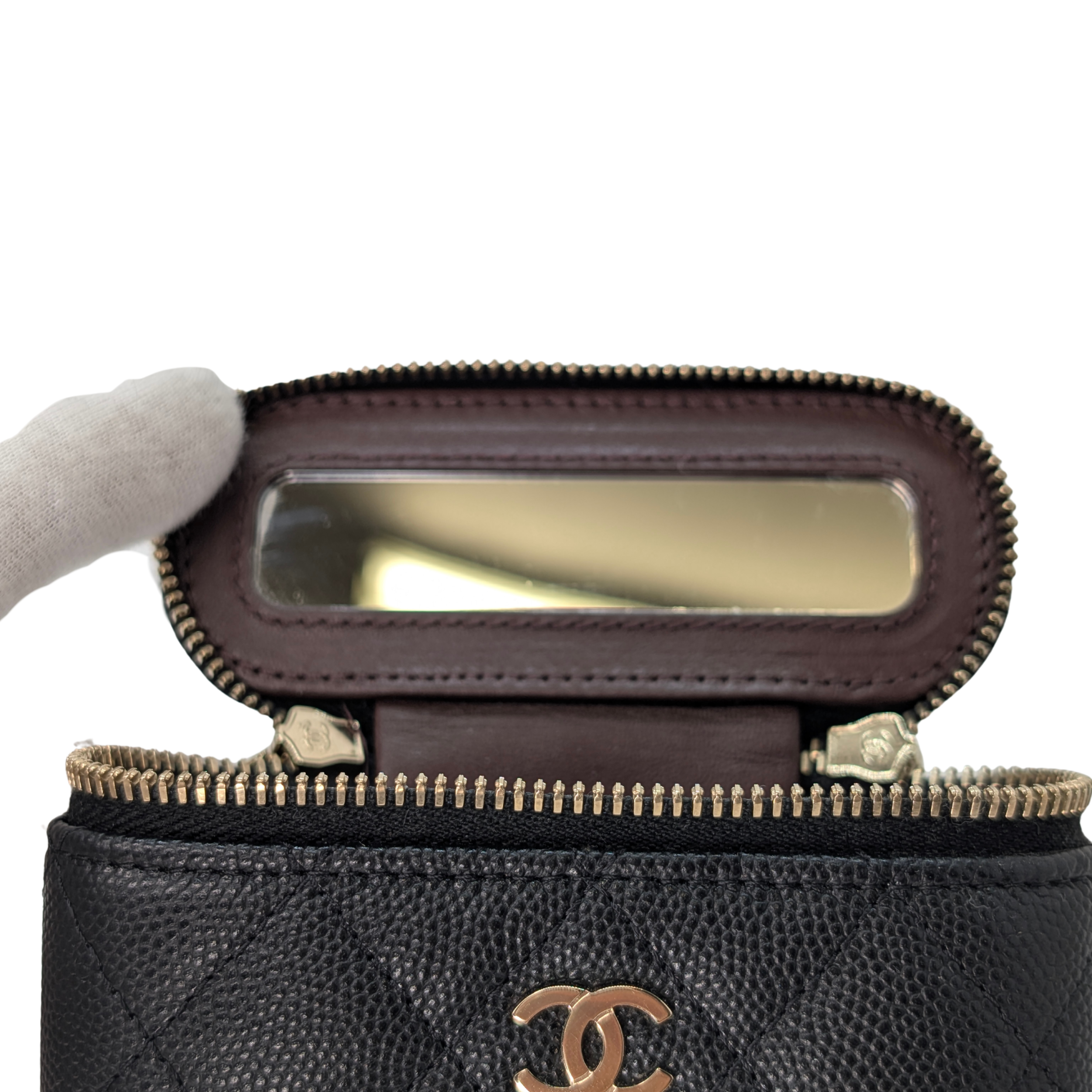 Chanel Caviar Quilted Small Vertical Coco Beauty Vanity Case with Chain Black