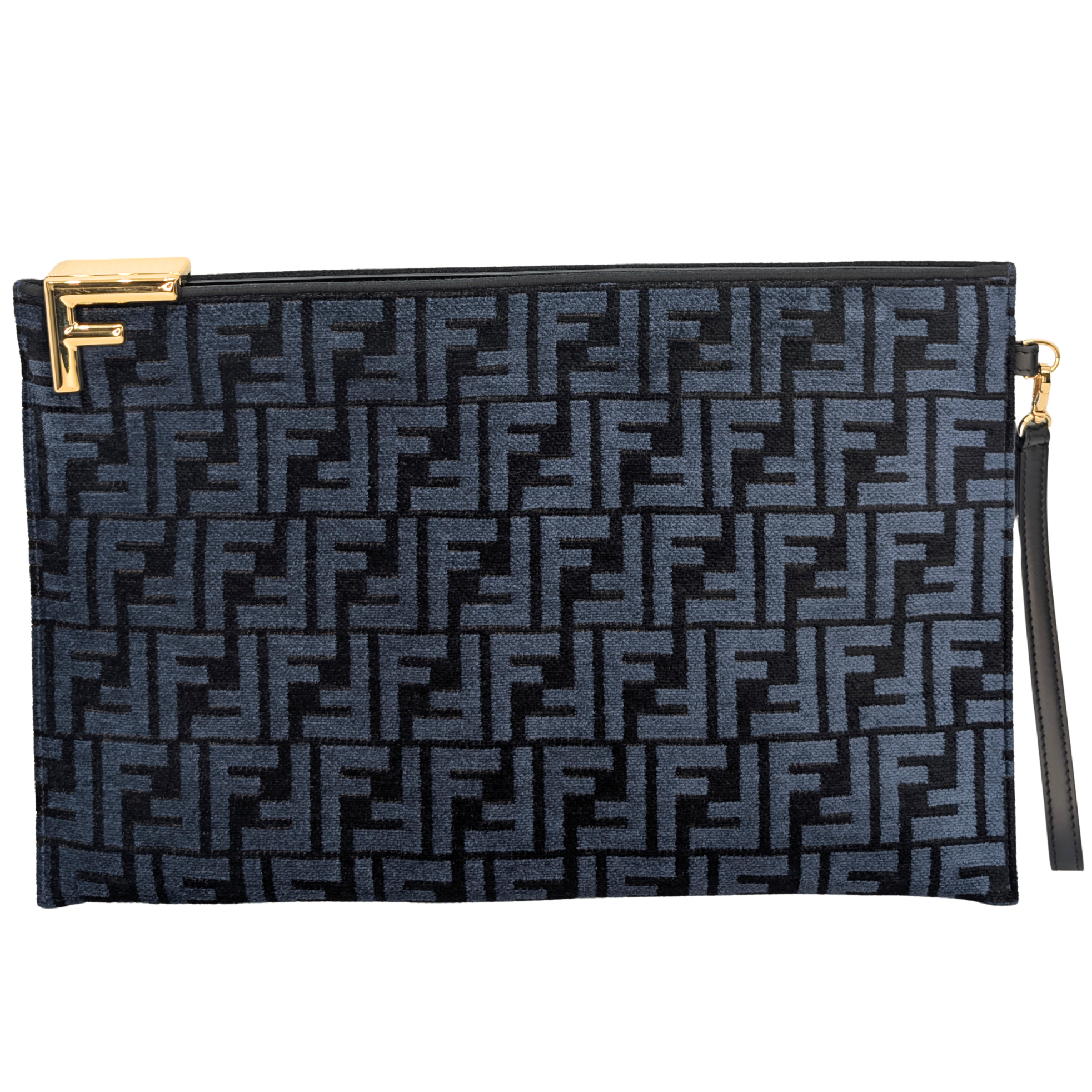 Fendi FF Jacquard Velvet Clutch Bag Navy Blue