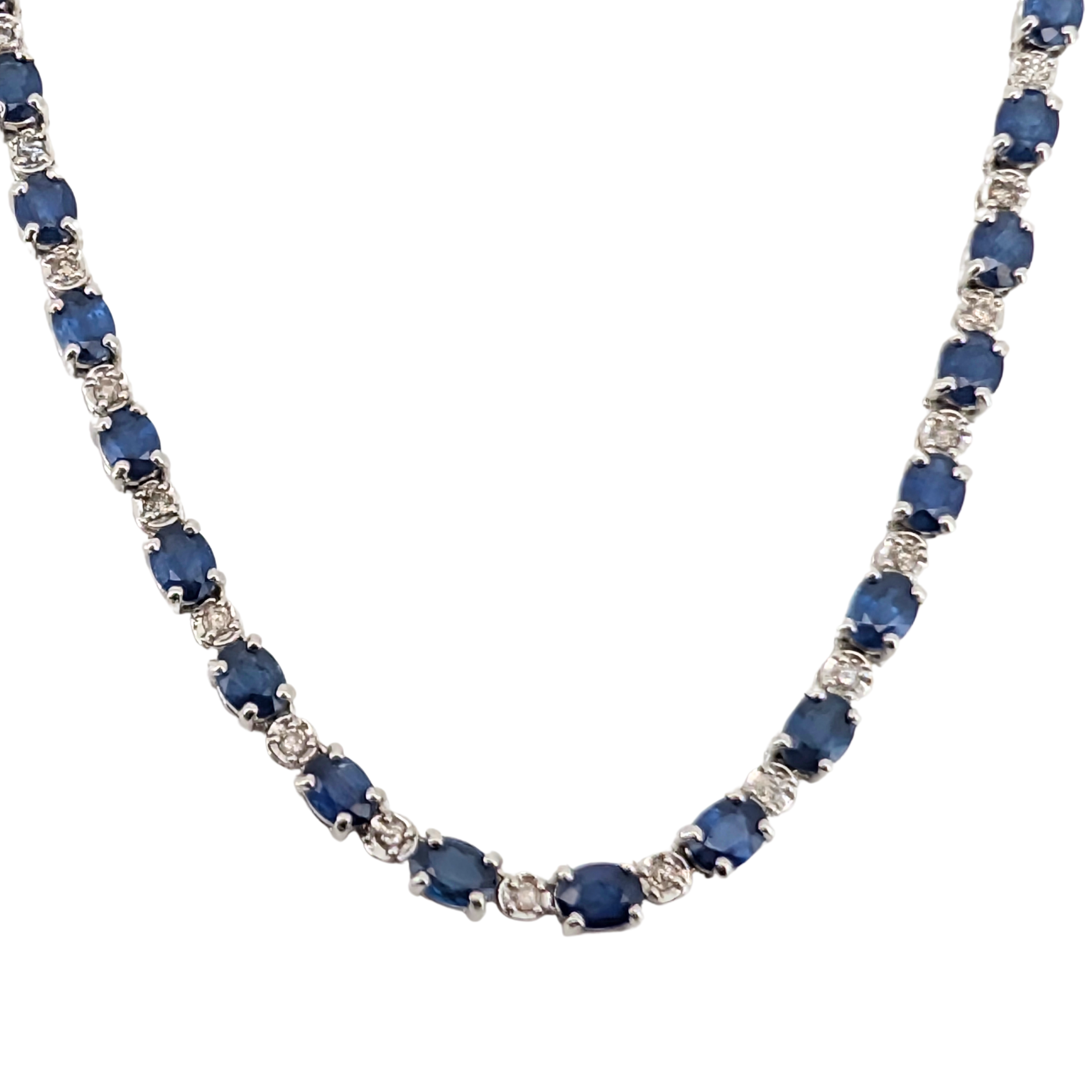 14.89Ct Natural Sapphire & 0.79Ct Diamonds Tennis Necklace In 18K White Gold