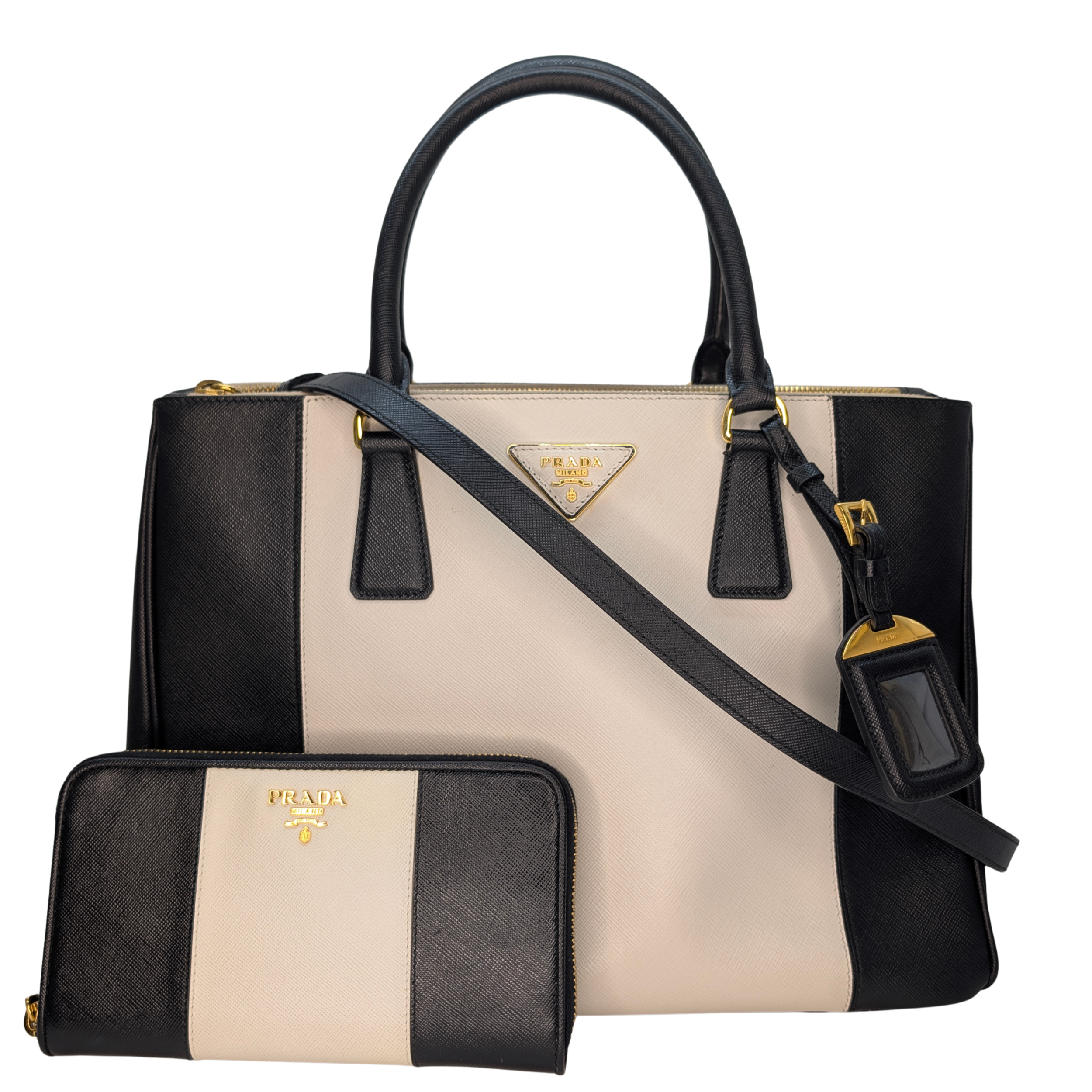 Prada Saffiano Lux Medium Galleria Double Zip Tote Bag Black X White