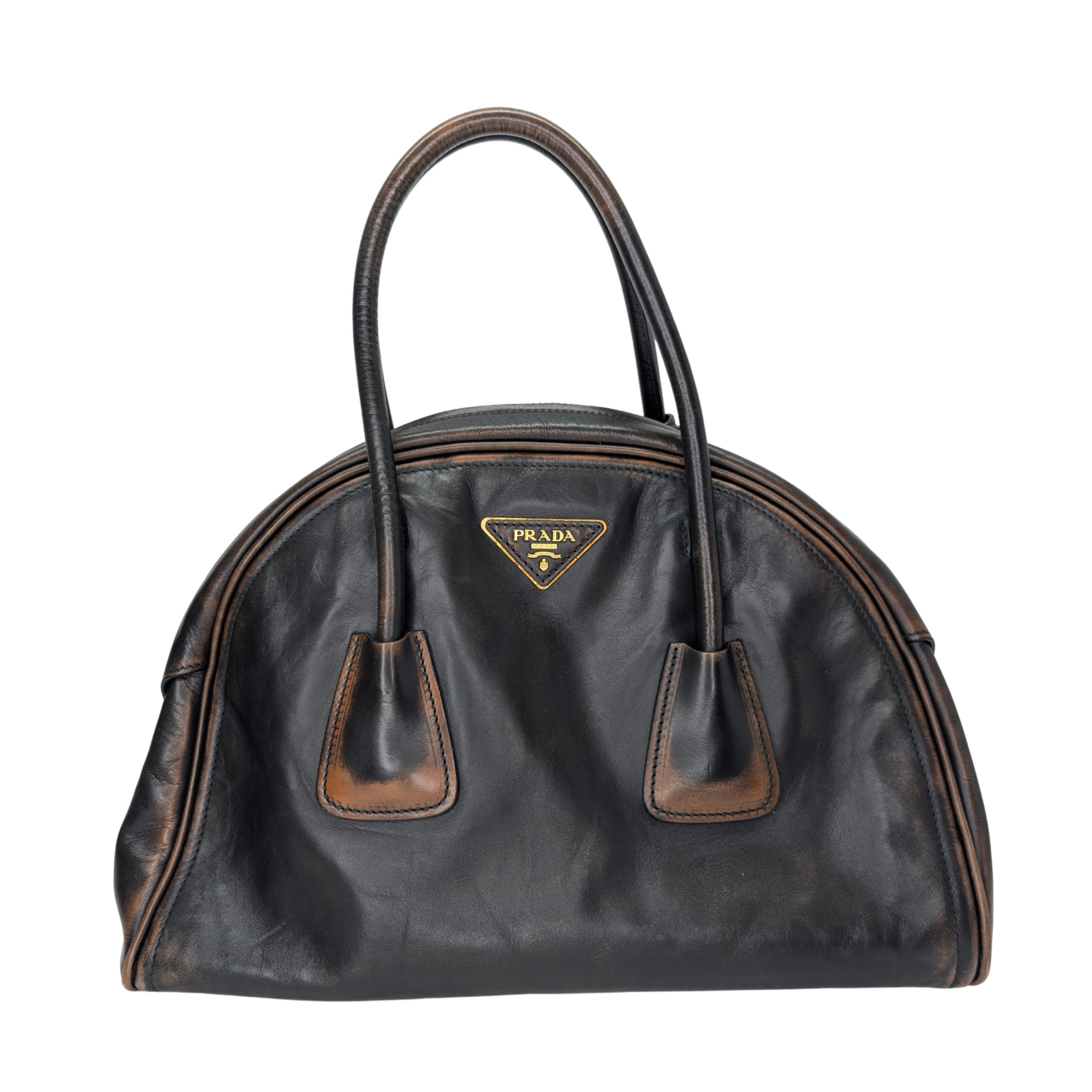 Prada Vitello Vintage Bowling Bag Distressed Black