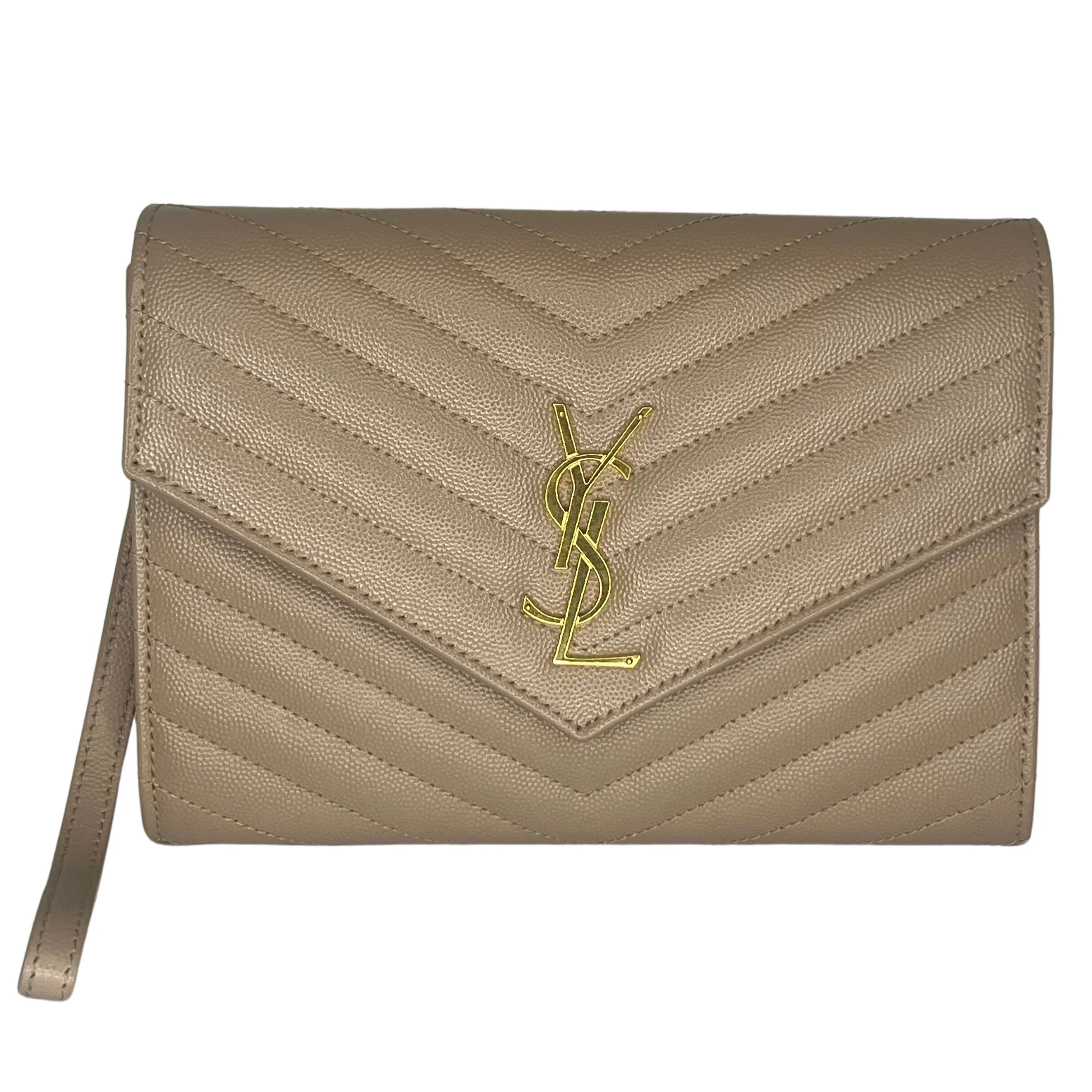 Yves Saint Laurent (YSL) Cassandra Clutch – Chevron Quilted Leather Beige
