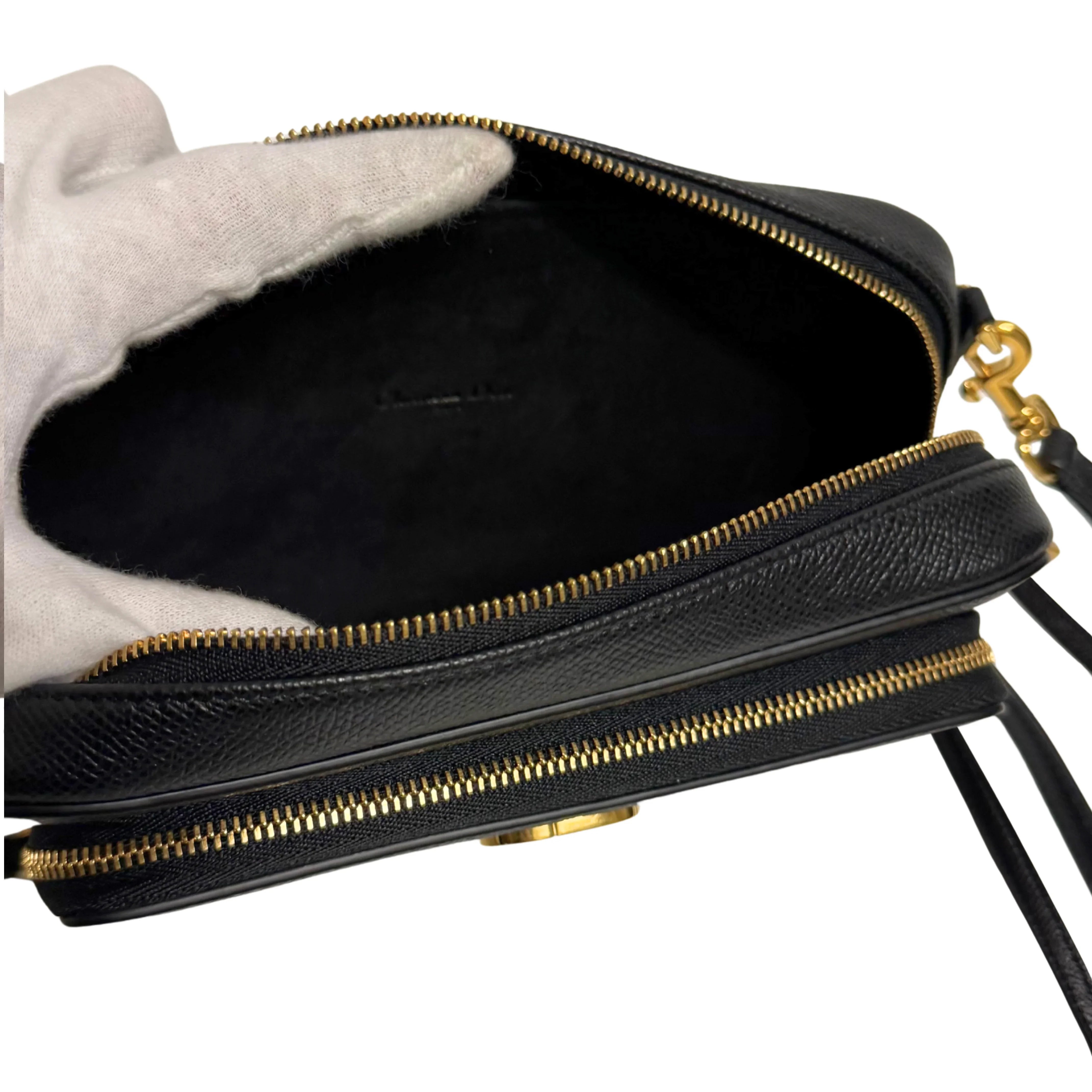 Christian Dior Caro Grained Leather Double Pouch Crossbody Bag Black