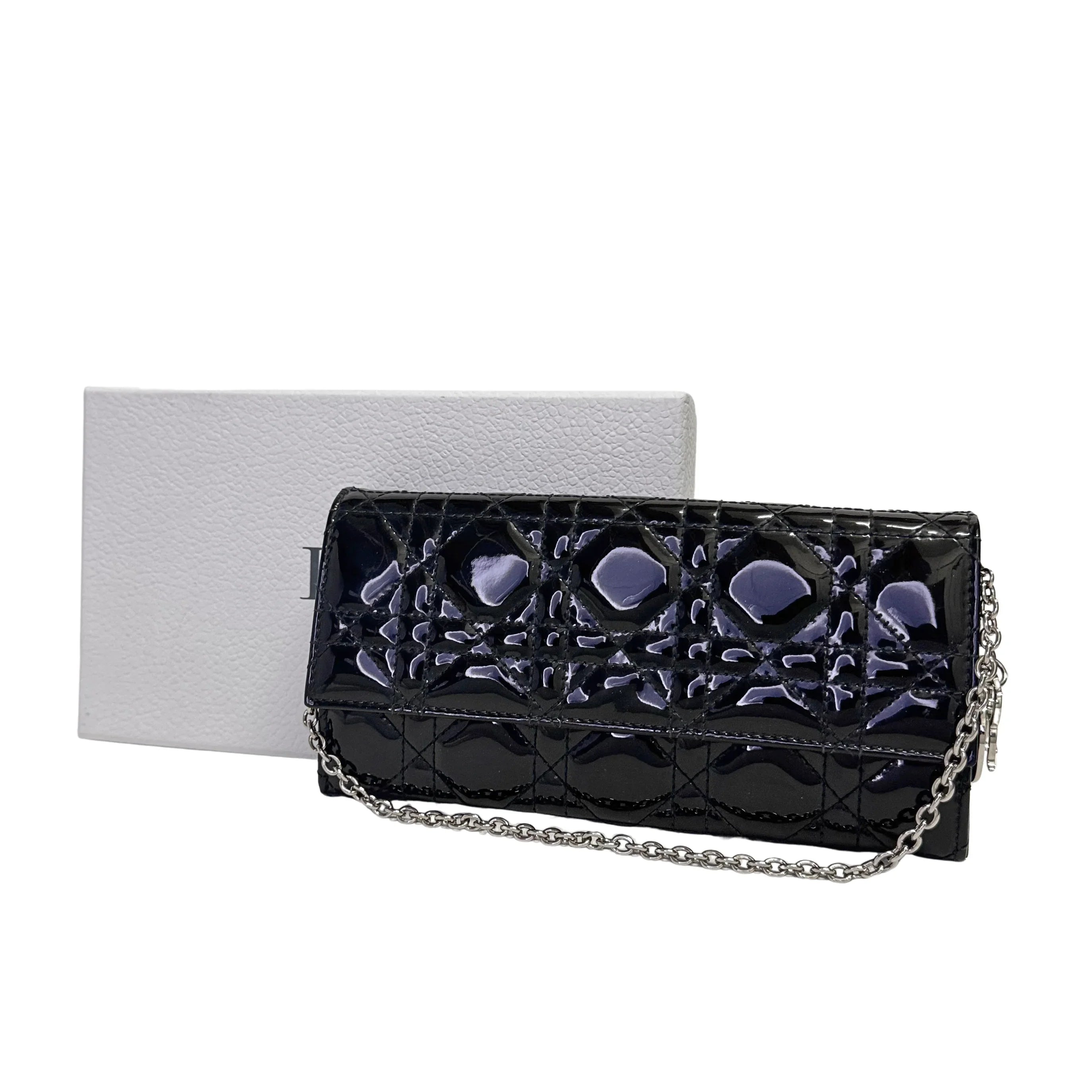 Dior Patent Leather Long Wallet With Chain Black - Lost Designer