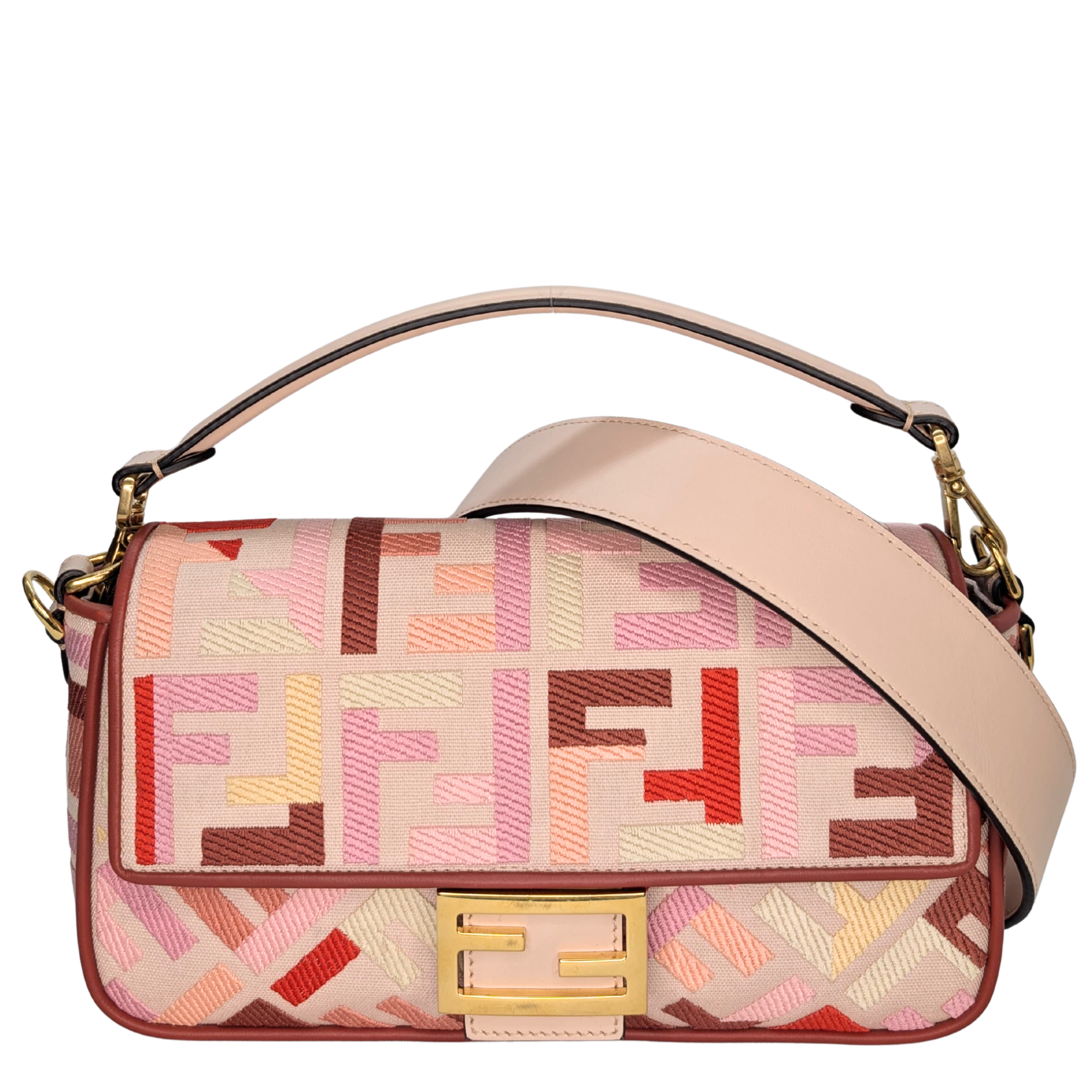 Fendi Baguette Canvas Vitello Medium FF Embroidered Rosa Quarzo Bag Multicolour