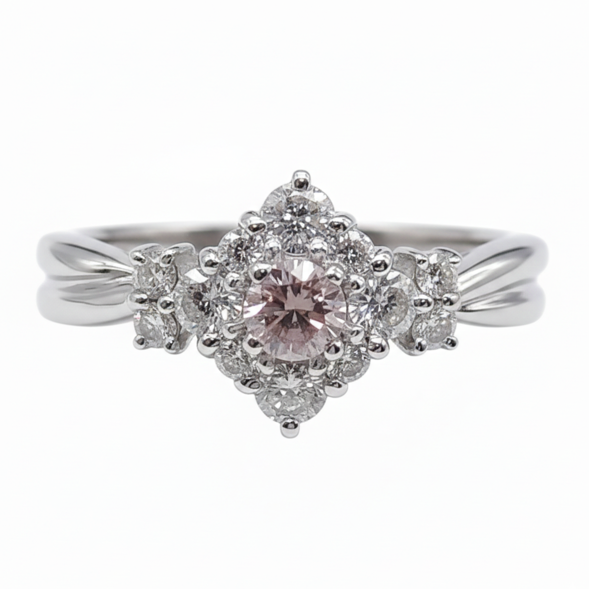 0.15Ct Natural Pink Diamond & 0.30Ct White Diamonds Halo Ring In Platinum