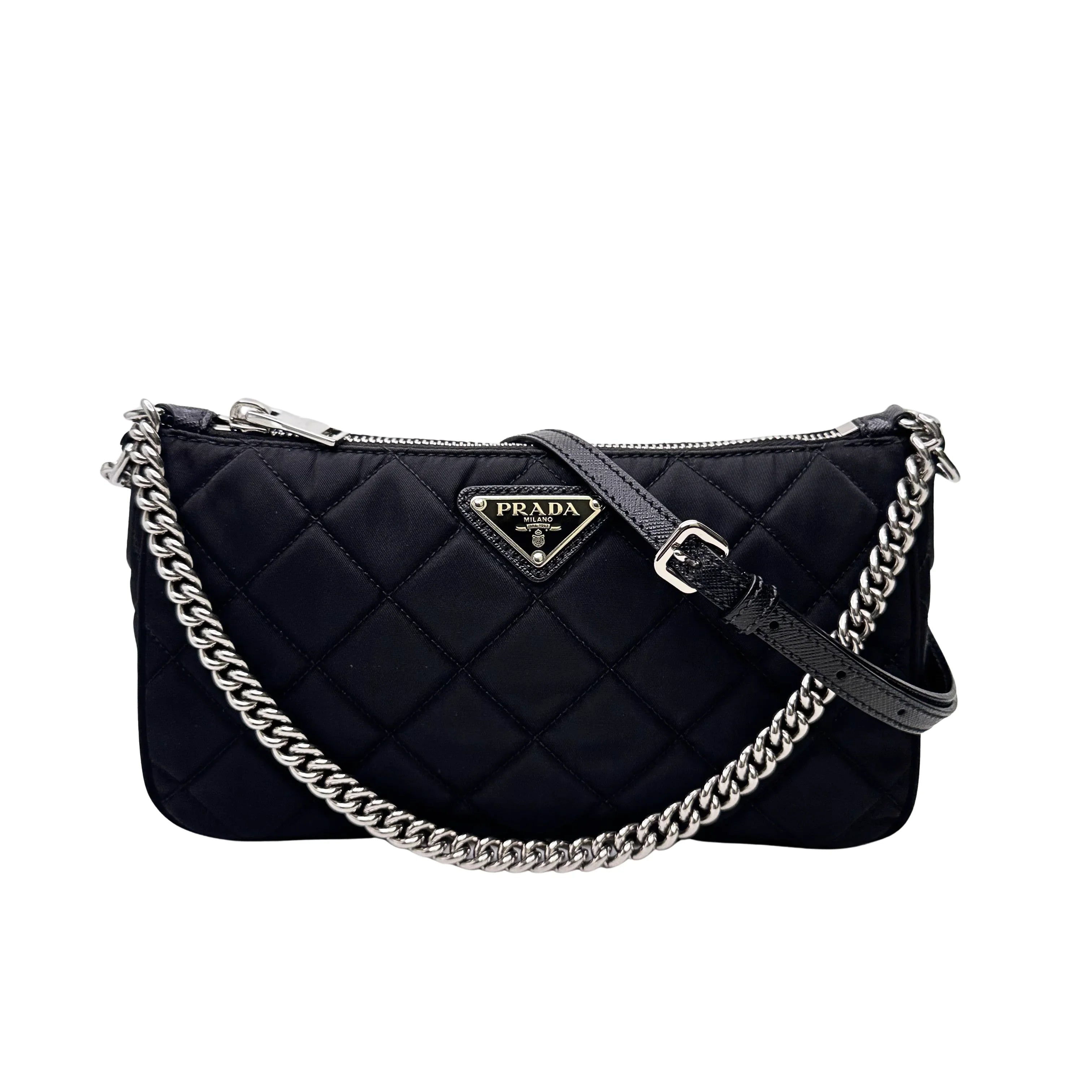 Prada Tessuto Quilted Chain Crossbody Bag Nylon Black - Lost Designer