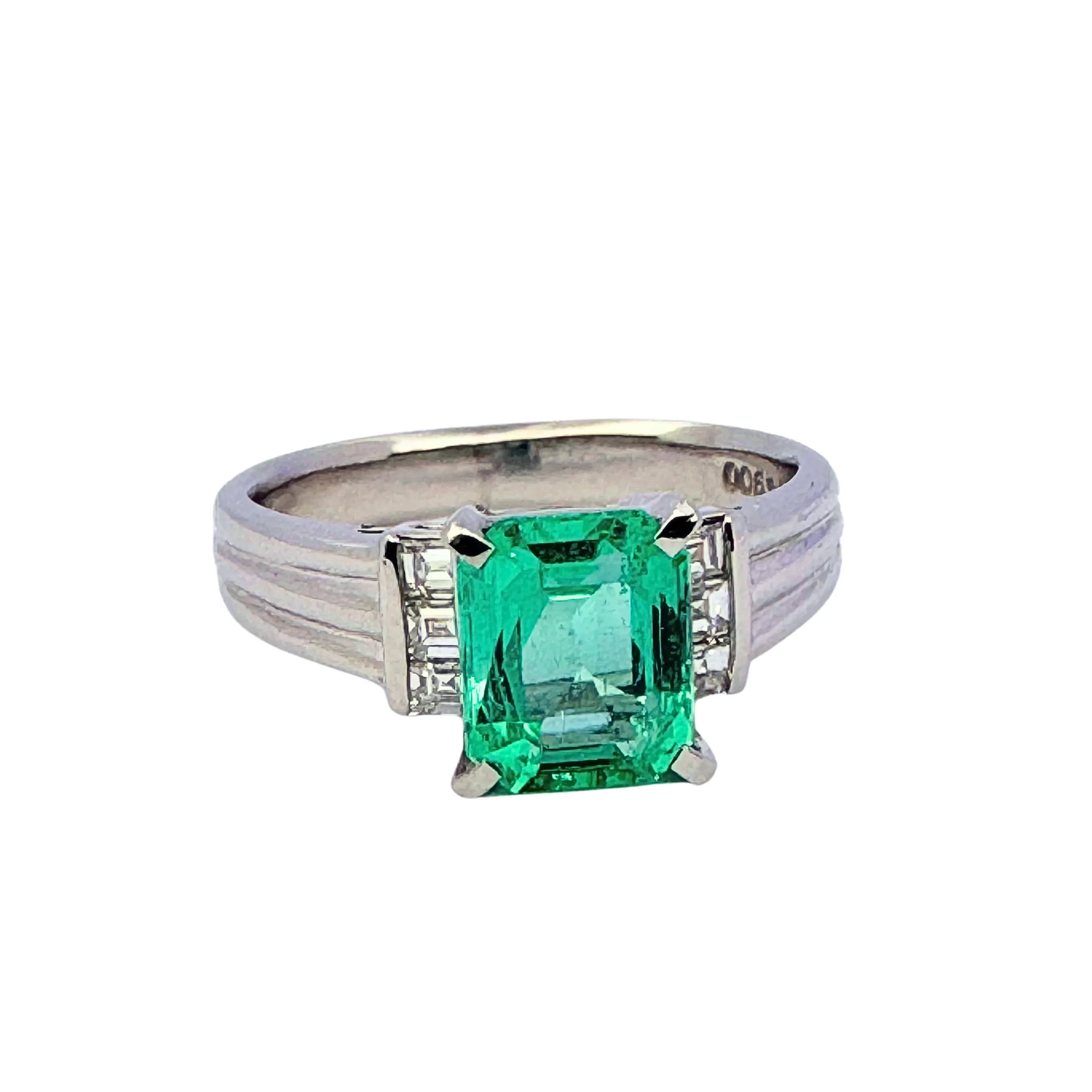 Platinum 900 Natural Emerald 1.12CT & Diamond 0.16CT Three Stone Ring SIZE P½ - Lost Designer