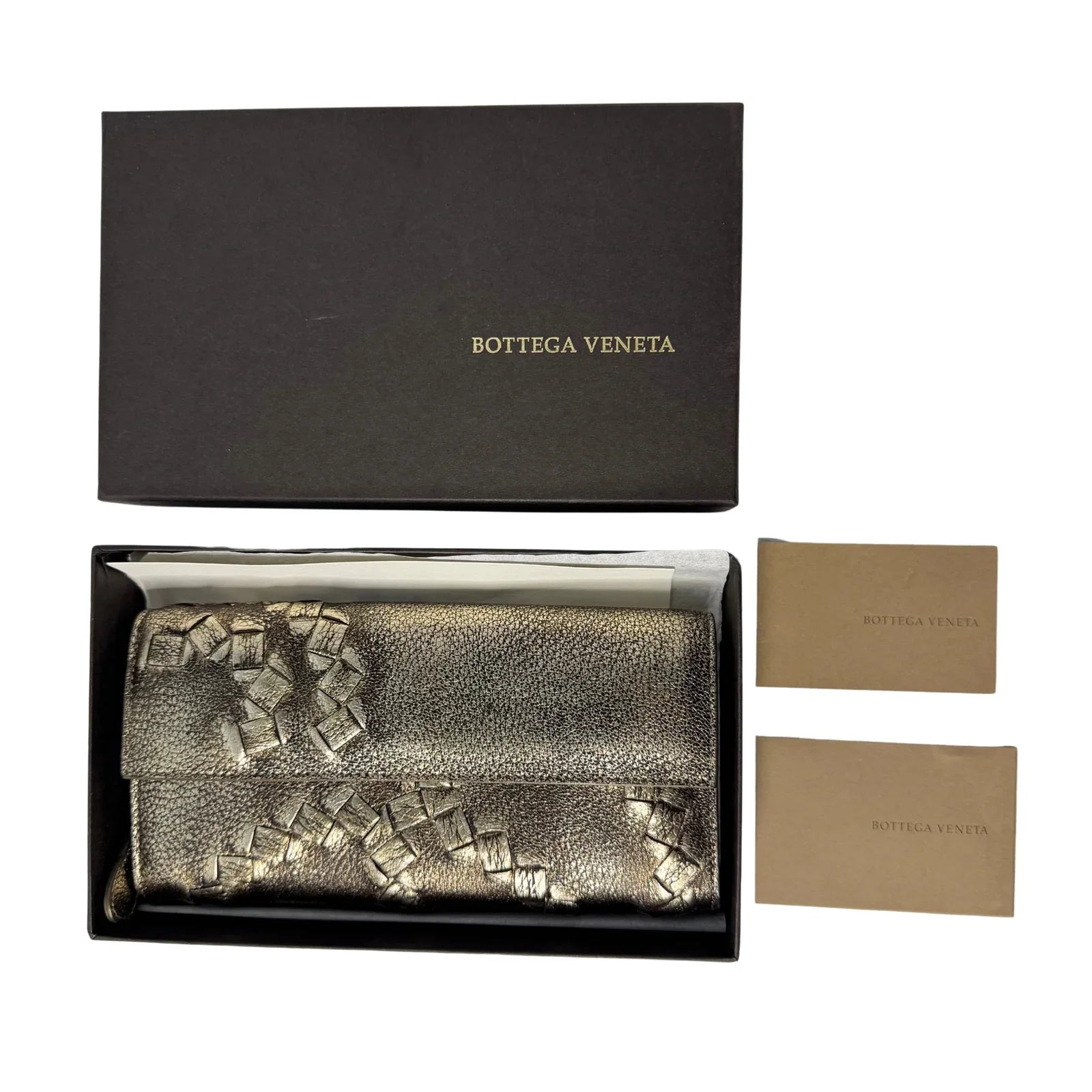 Bottega Veneta Metallic Pewter Woven and Pebbled Leather Long Wallet