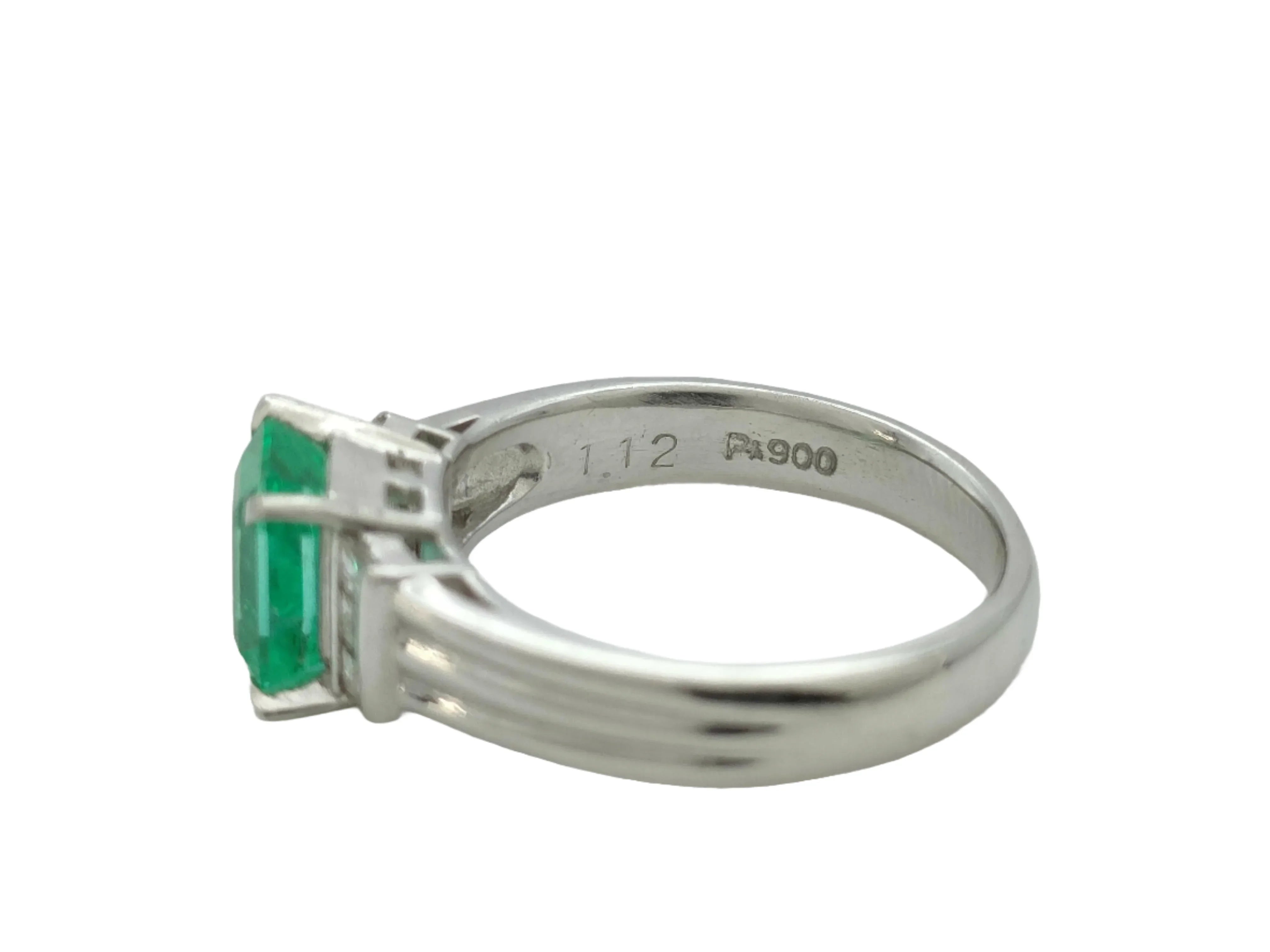 Platinum 900 Natural Emerald 1.12CT & Diamond 0.16CT Three Stone Ring SIZE P½