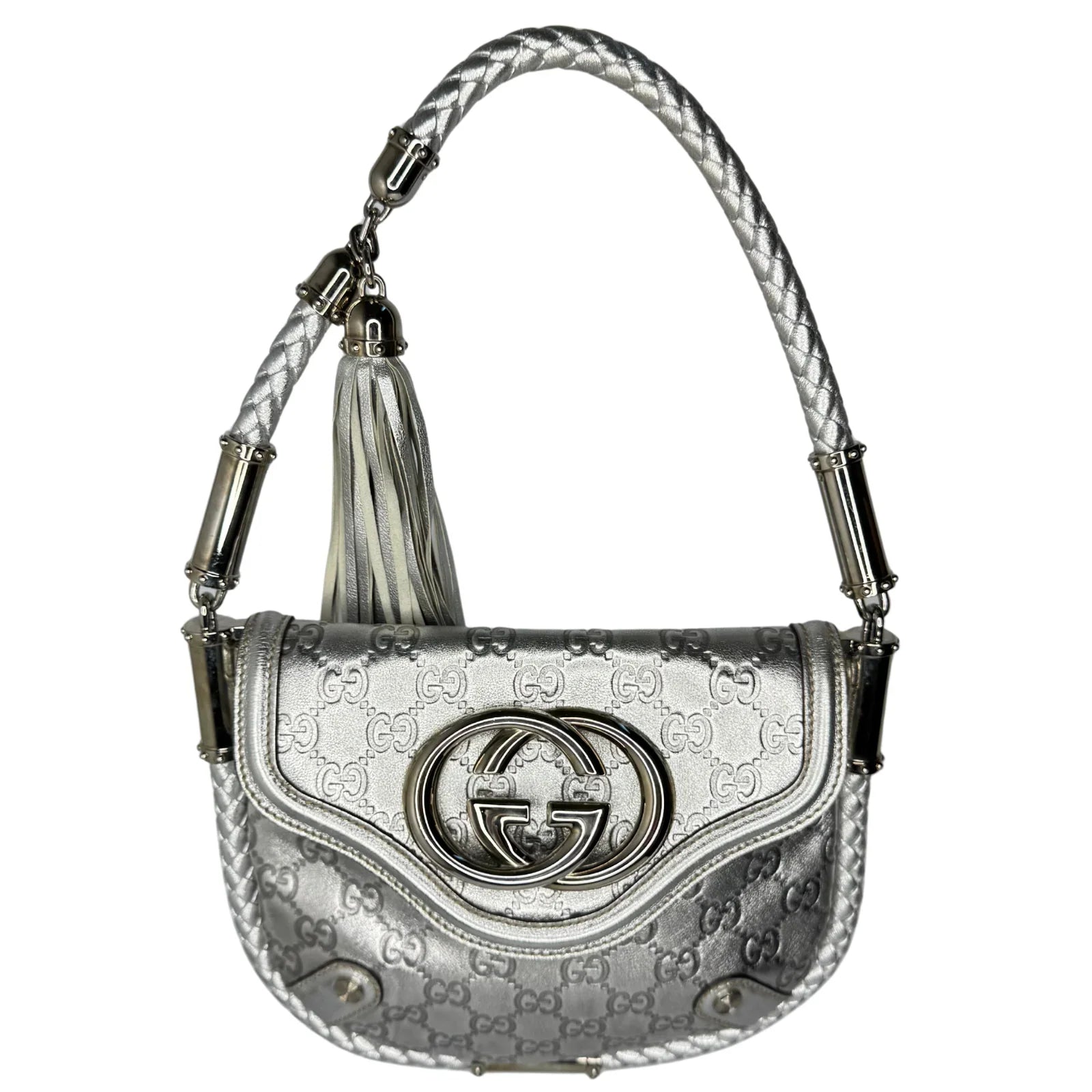 Gucci Guccissima Small Britt Tassel Shoulder Bag – Silver