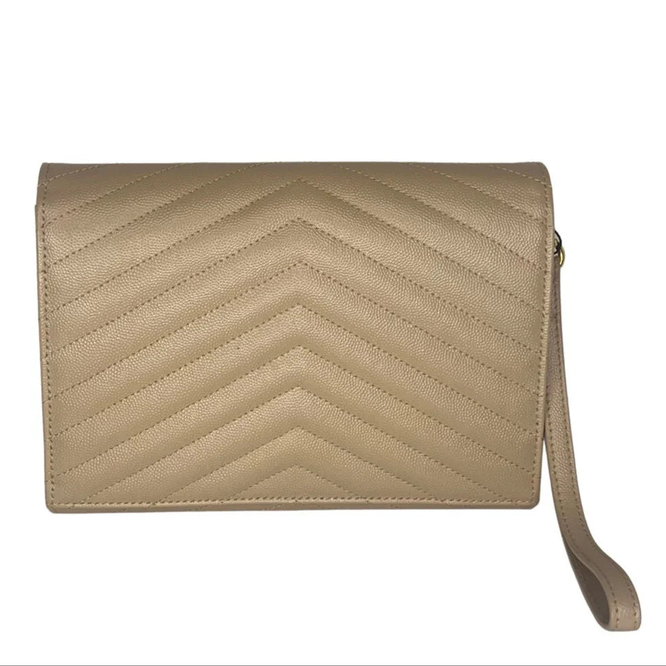 Yves Saint Laurent (YSL) Cassandra Clutch – Chevron Quilted Leather Beige
