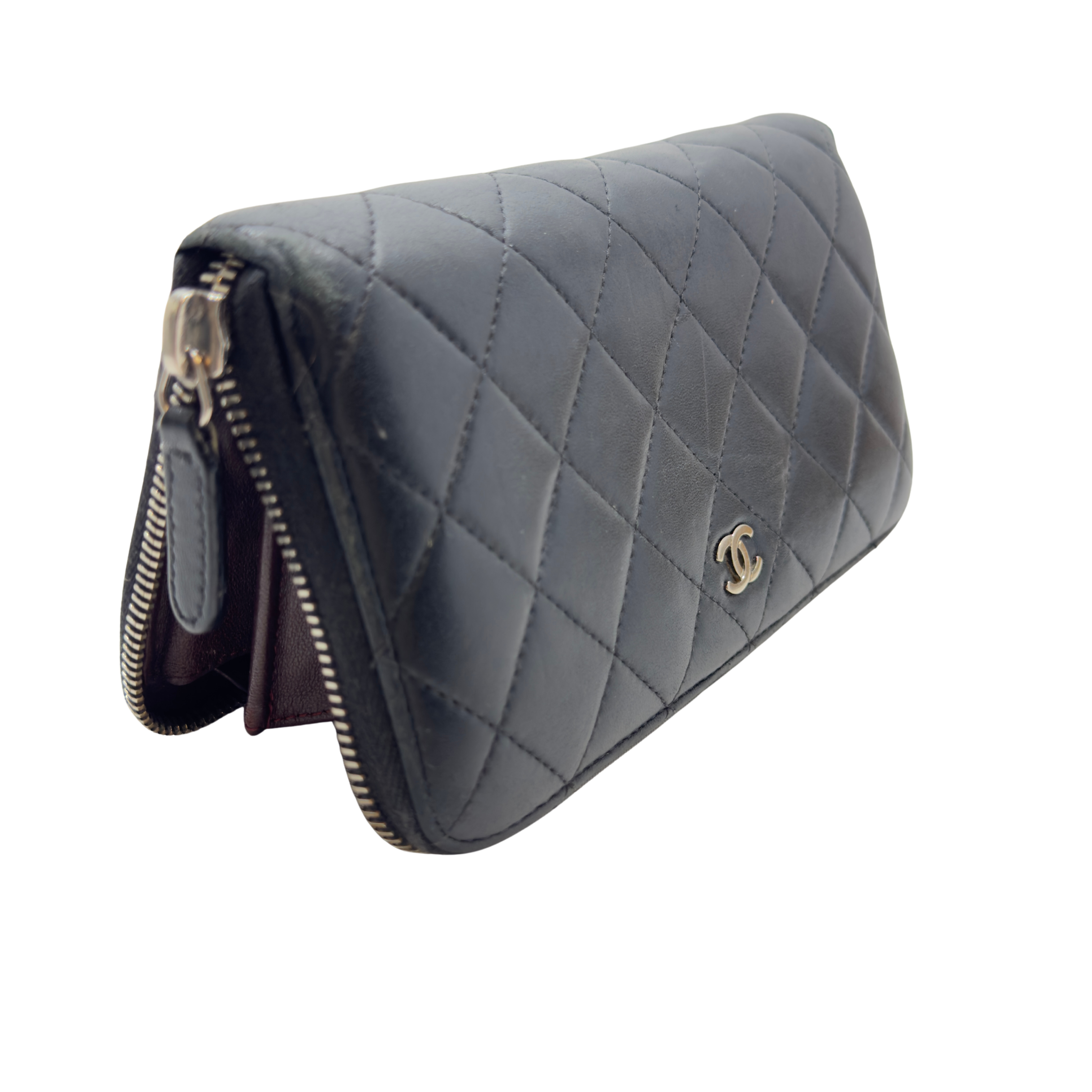 Chanel Lambskin Quilted Large Gusset Zip Around Wallet Black