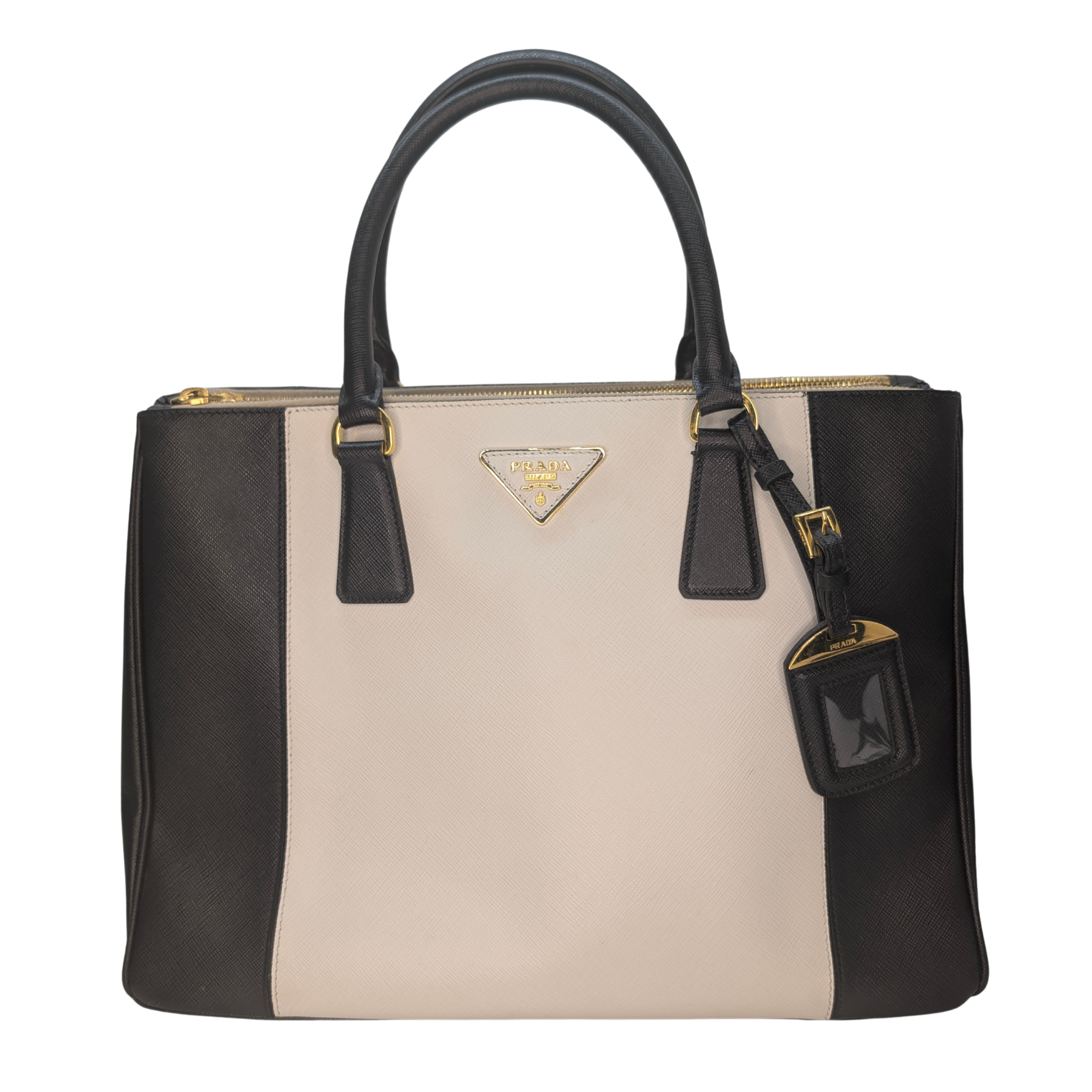 Prada Saffiano Lux Medium Galleria Double Zip Tote Bag Black X White