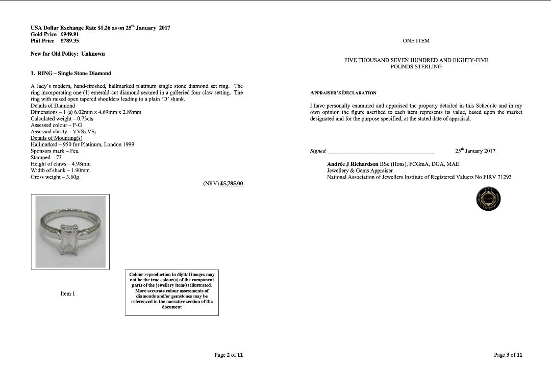 0.73ct Colour F-G Clarity VVS2-VVS1 Diamond emerald cut on platinum Ring O½ - Lost Designer