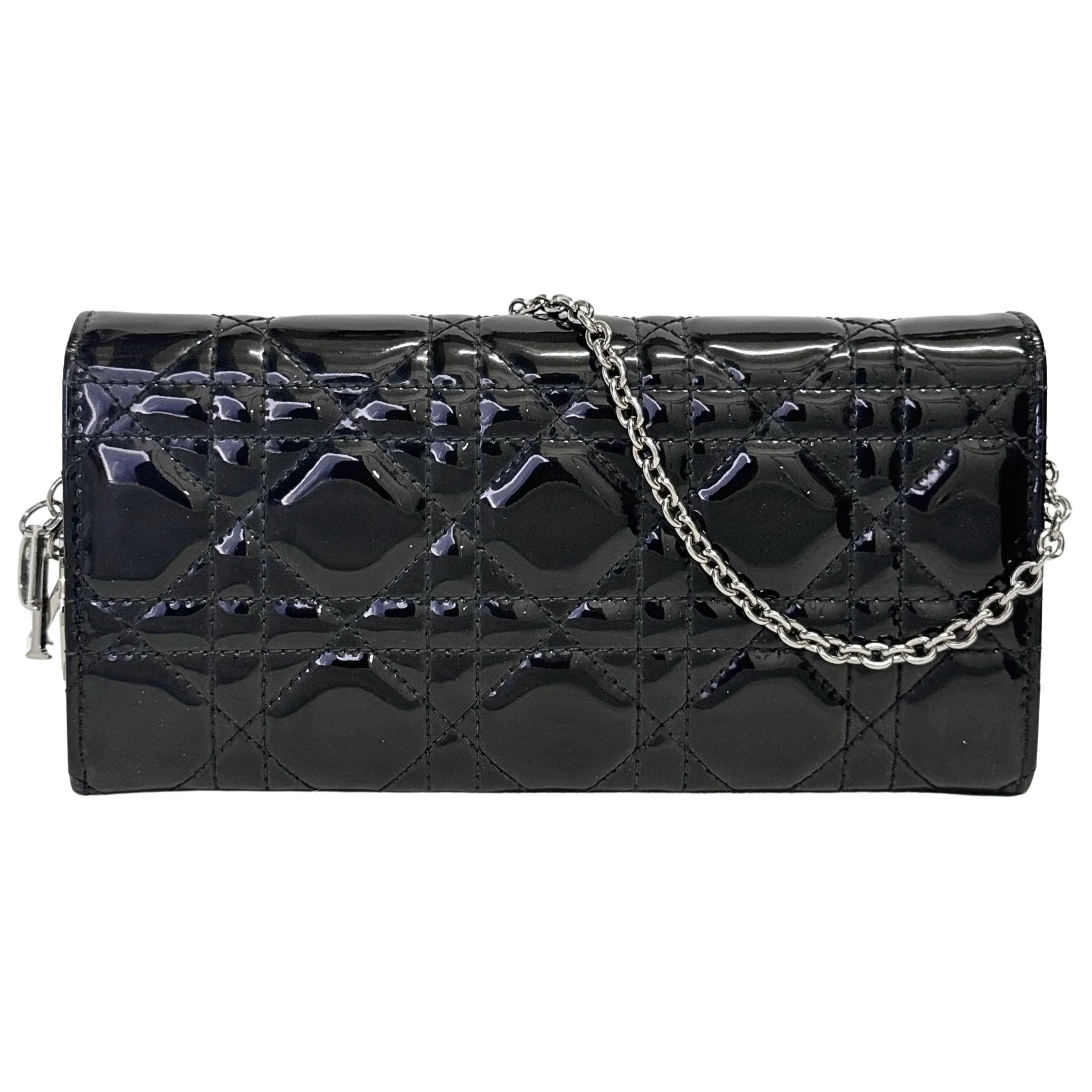 Dior Patent Leather Long Wallet With Chain Black - Lost Designer