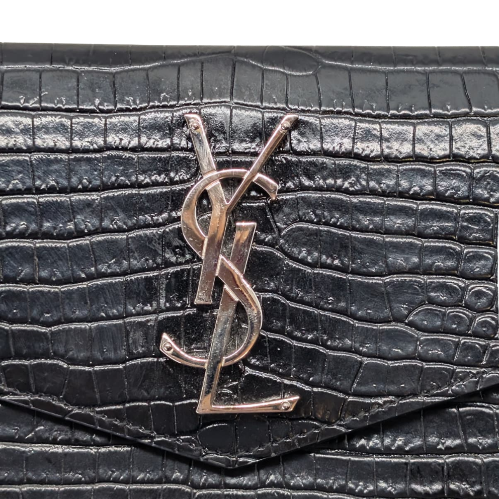 Saint Laurent Small Uptown Pouch In Crocodile-Embossed Leather Black