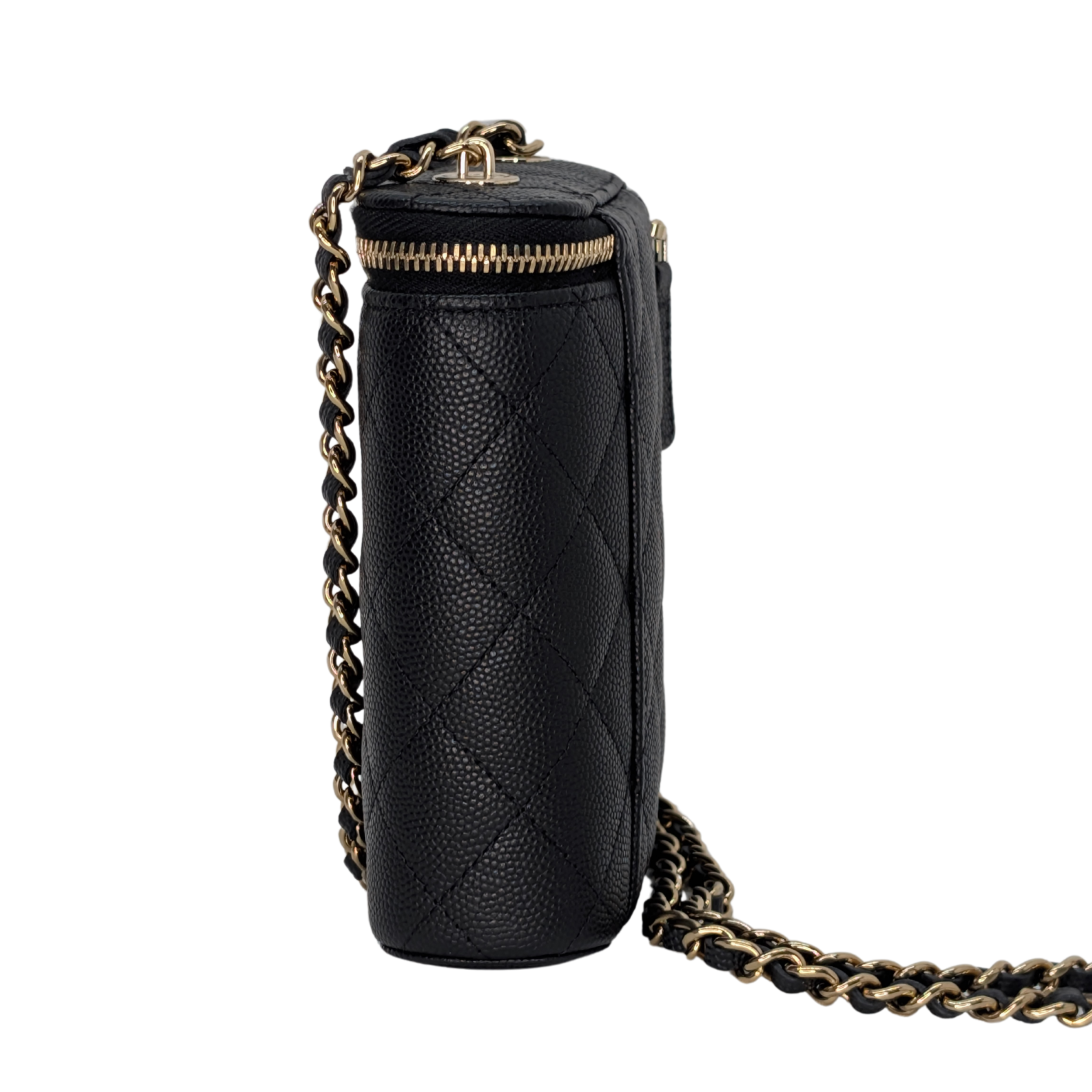 Chanel Caviar Quilted Small Vertical Coco Beauty Vanity Case with Chain Black