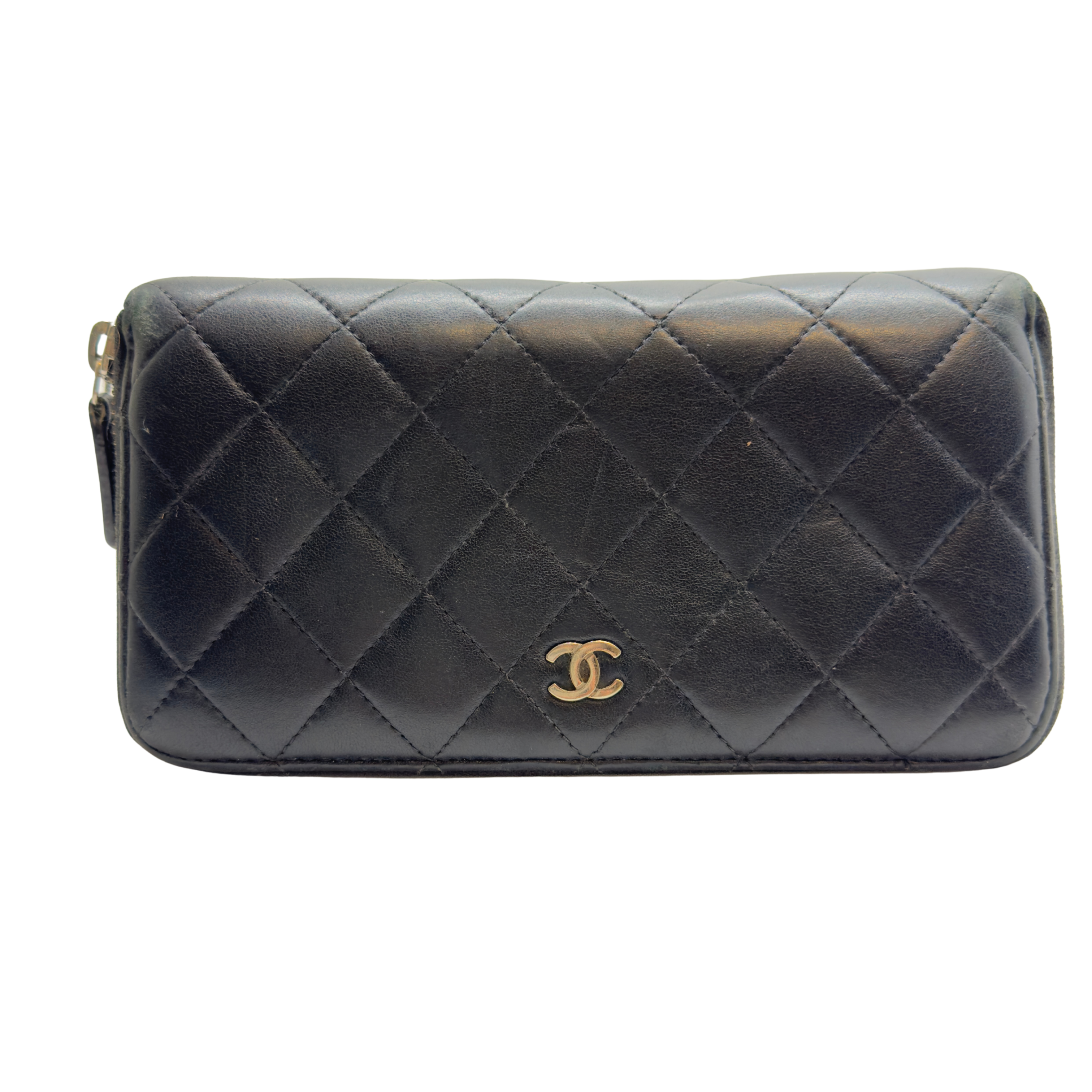 Chanel Lambskin Quilted Large Gusset Zip Around Wallet Black