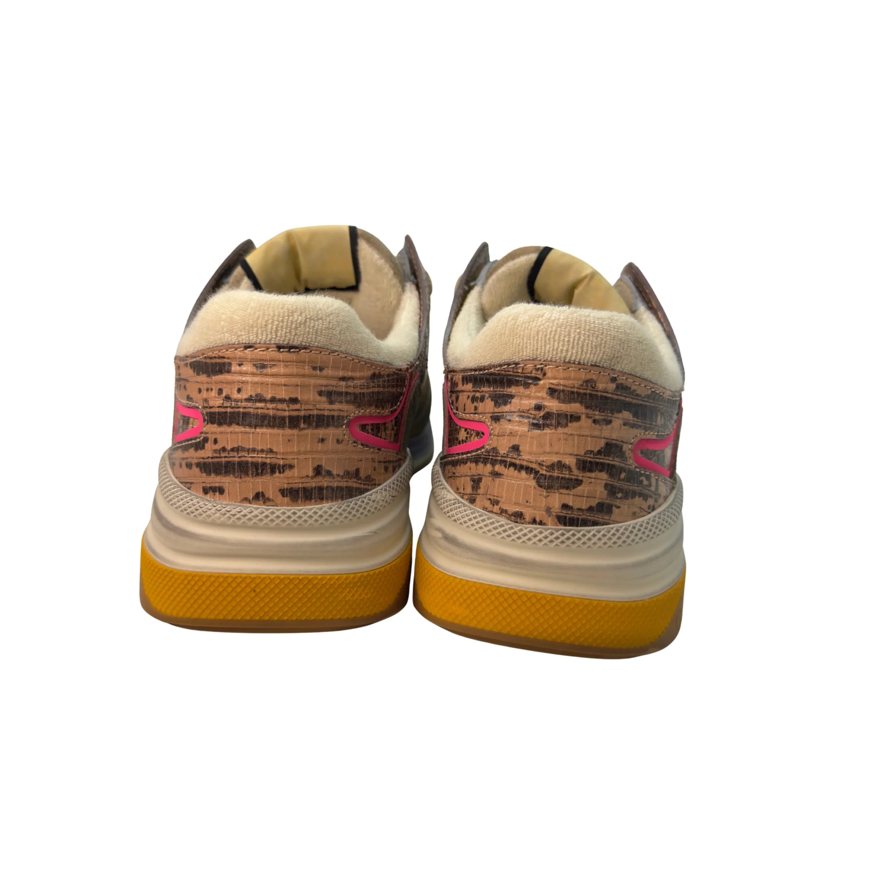 Gucci Suede Calfskin Tejus Printed Womens Ultrapace Sneakers Pink Silver Oatmeal Yolk 39 - Lost Designer