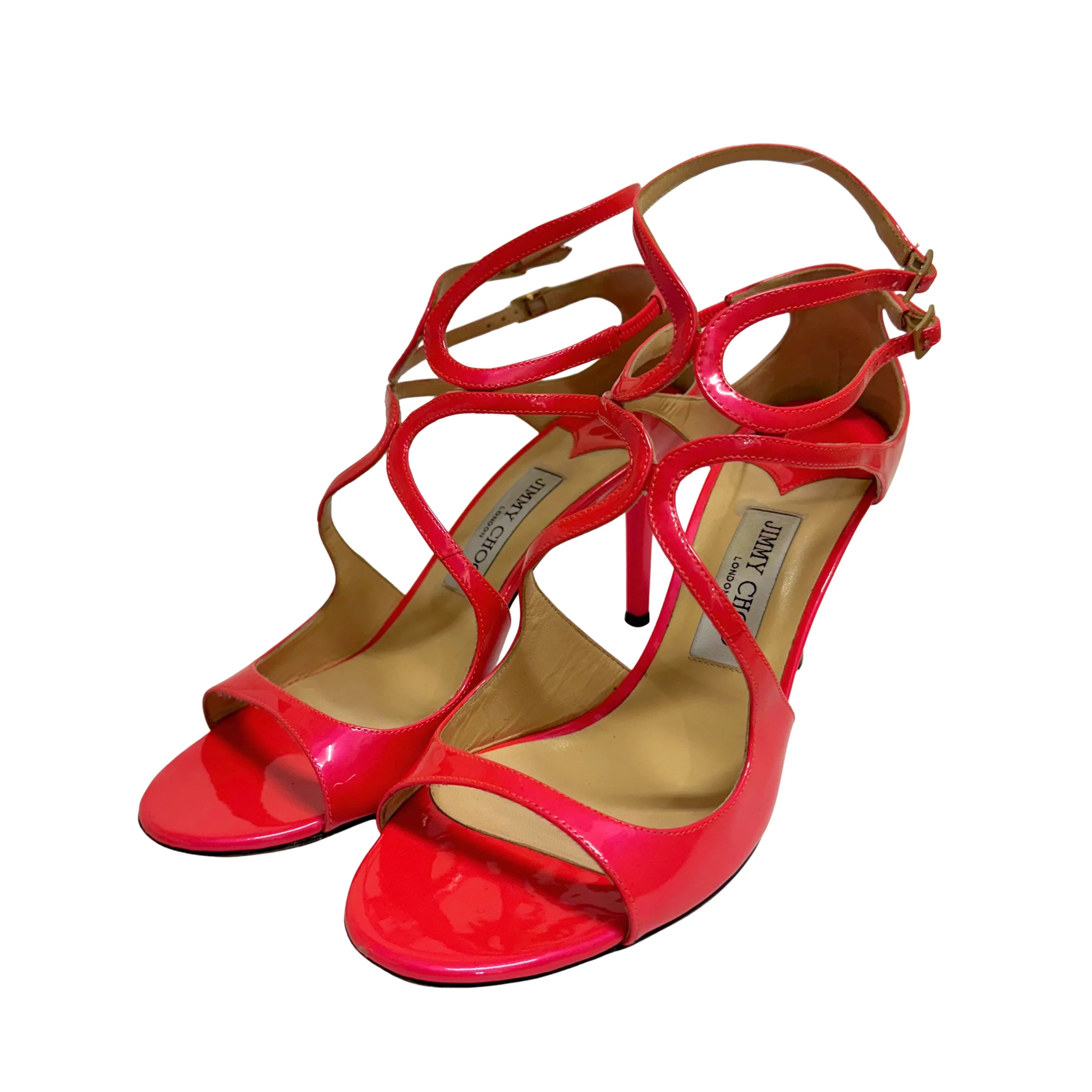 Jimmy Choo Lang 100 Patent Leather Sandals Pumps Neon Pink size 40