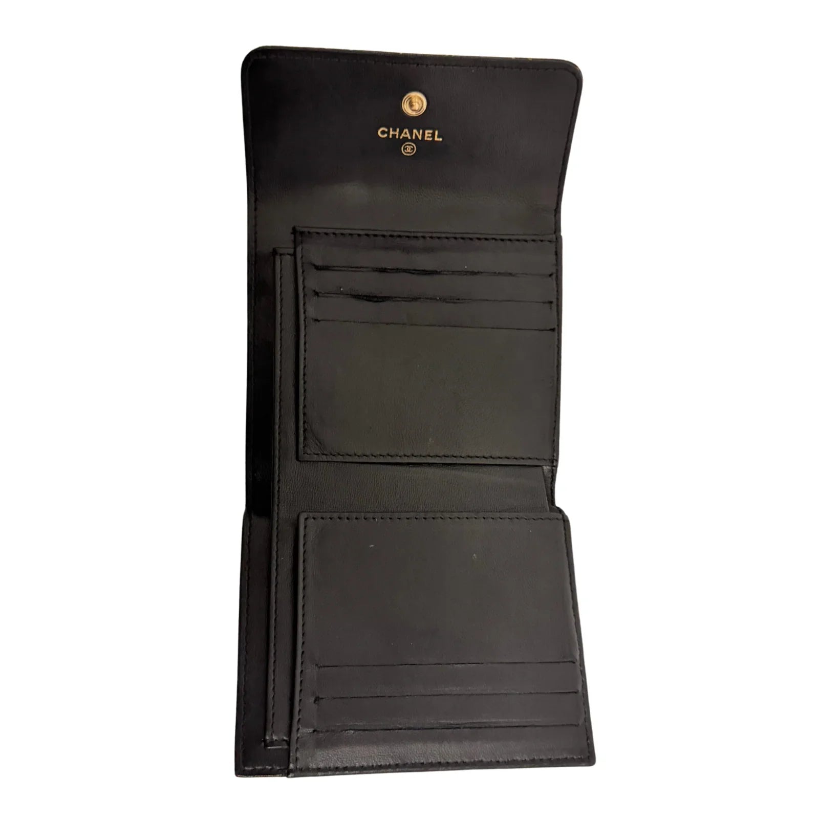 Chanel Lambskin Camellia Embossed Wallet in Black & Gold