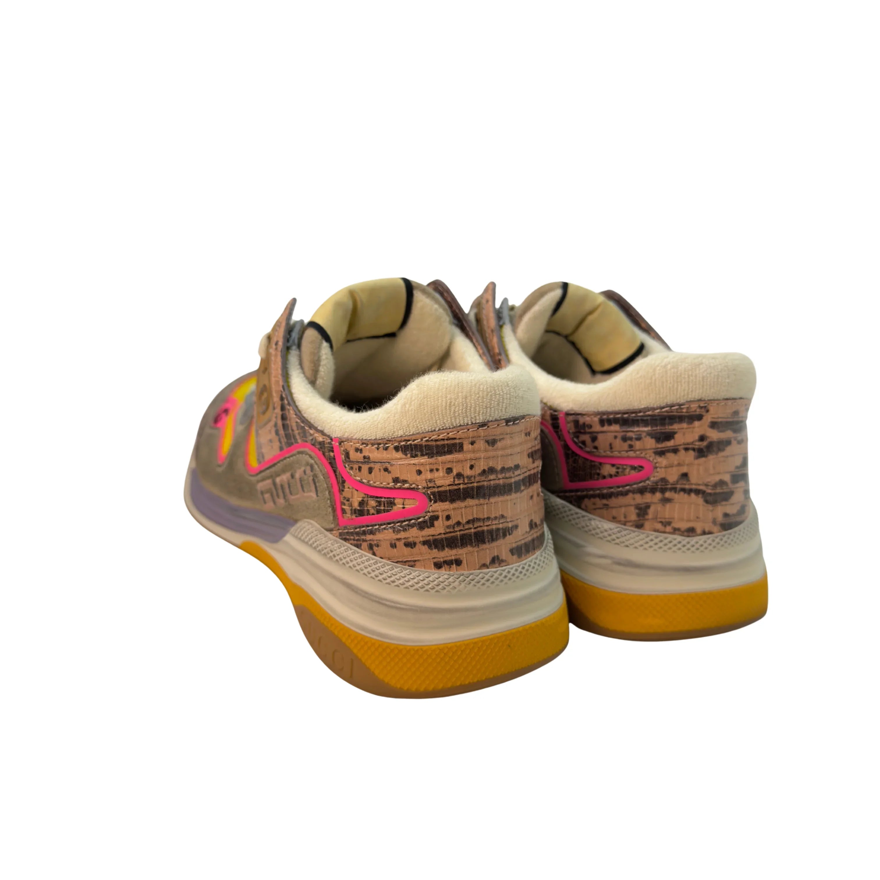Gucci Suede Calfskin Tejus Printed Womens Ultrapace Sneakers Pink Silver Oatmeal Yolk 39 - Lost Designer