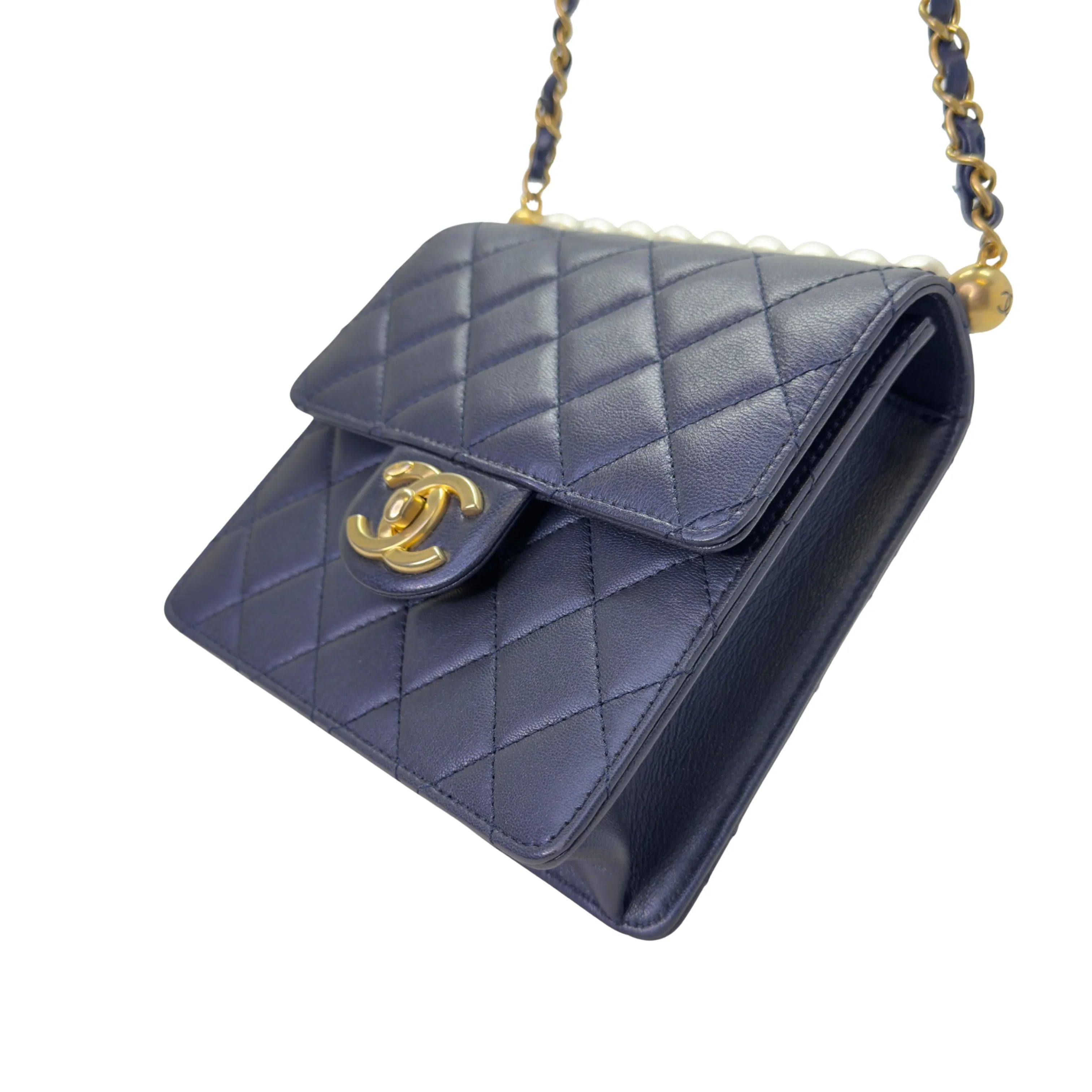 Chanel Iridescent Chic Pearls Lambskin Crossbody Bag Navy Blue - Lost Designer