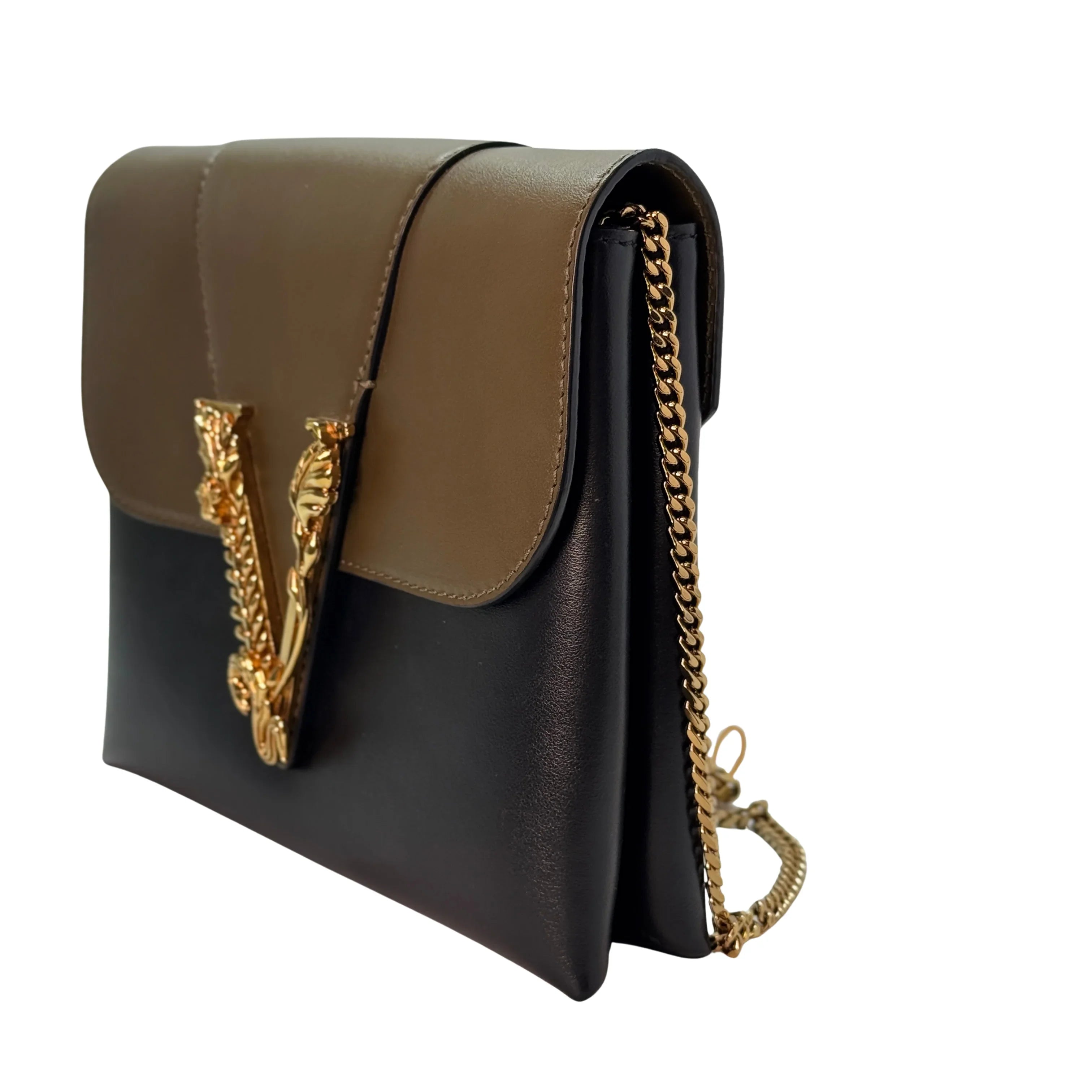 Versace Vitello Virtus Chain Clutch Brown/Black - Lost Designer