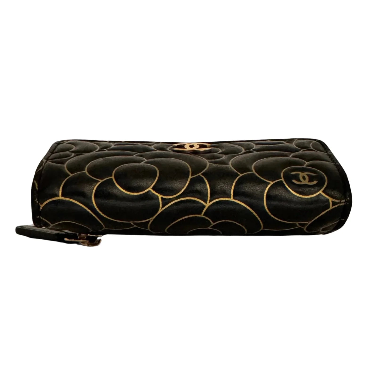 Chanel Lambskin Camellia Embossed Wallet in Black & Gold