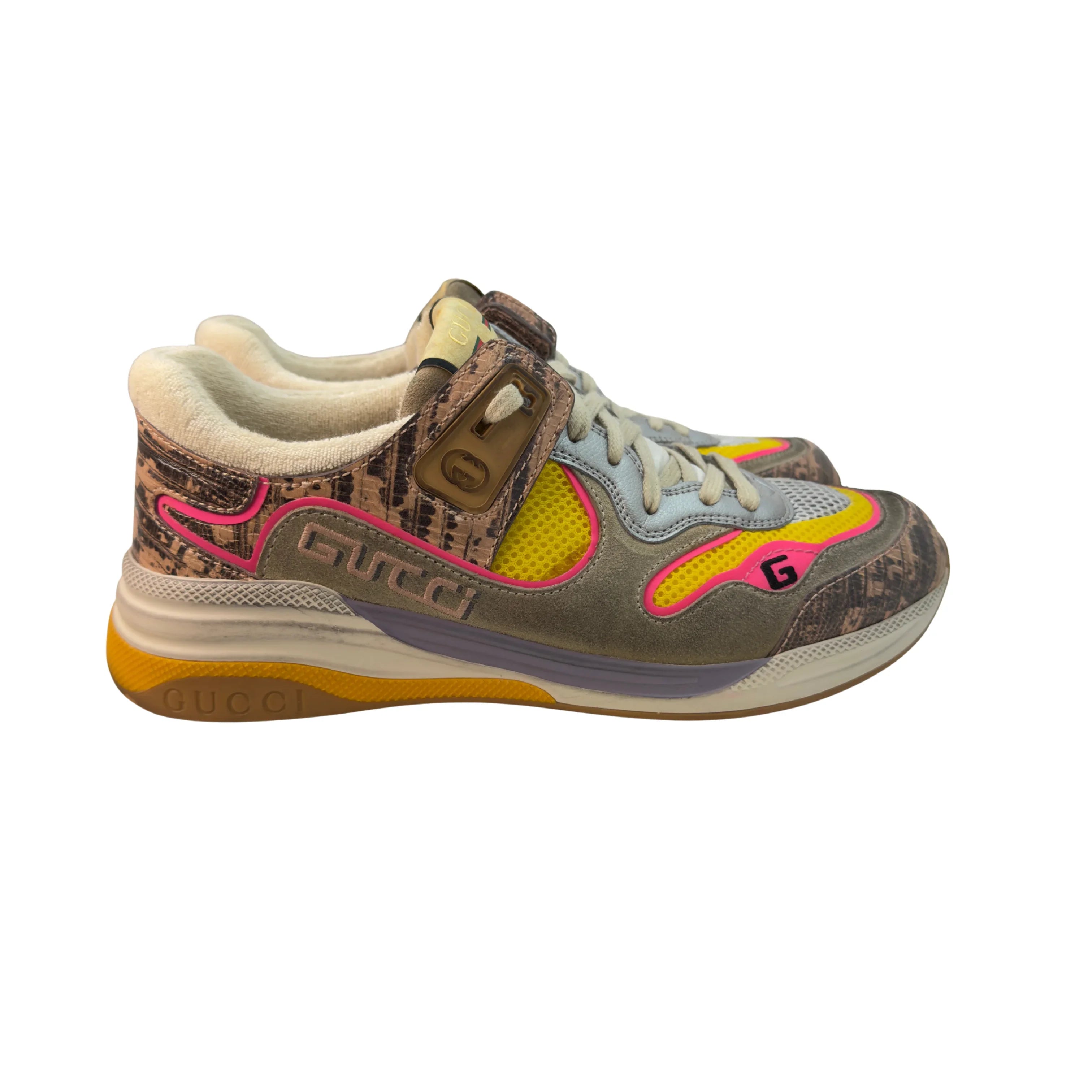 Gucci Suede Calfskin Tejus Printed Womens Ultrapace Sneakers Pink Silver Oatmeal Yolk 39 - Lost Designer