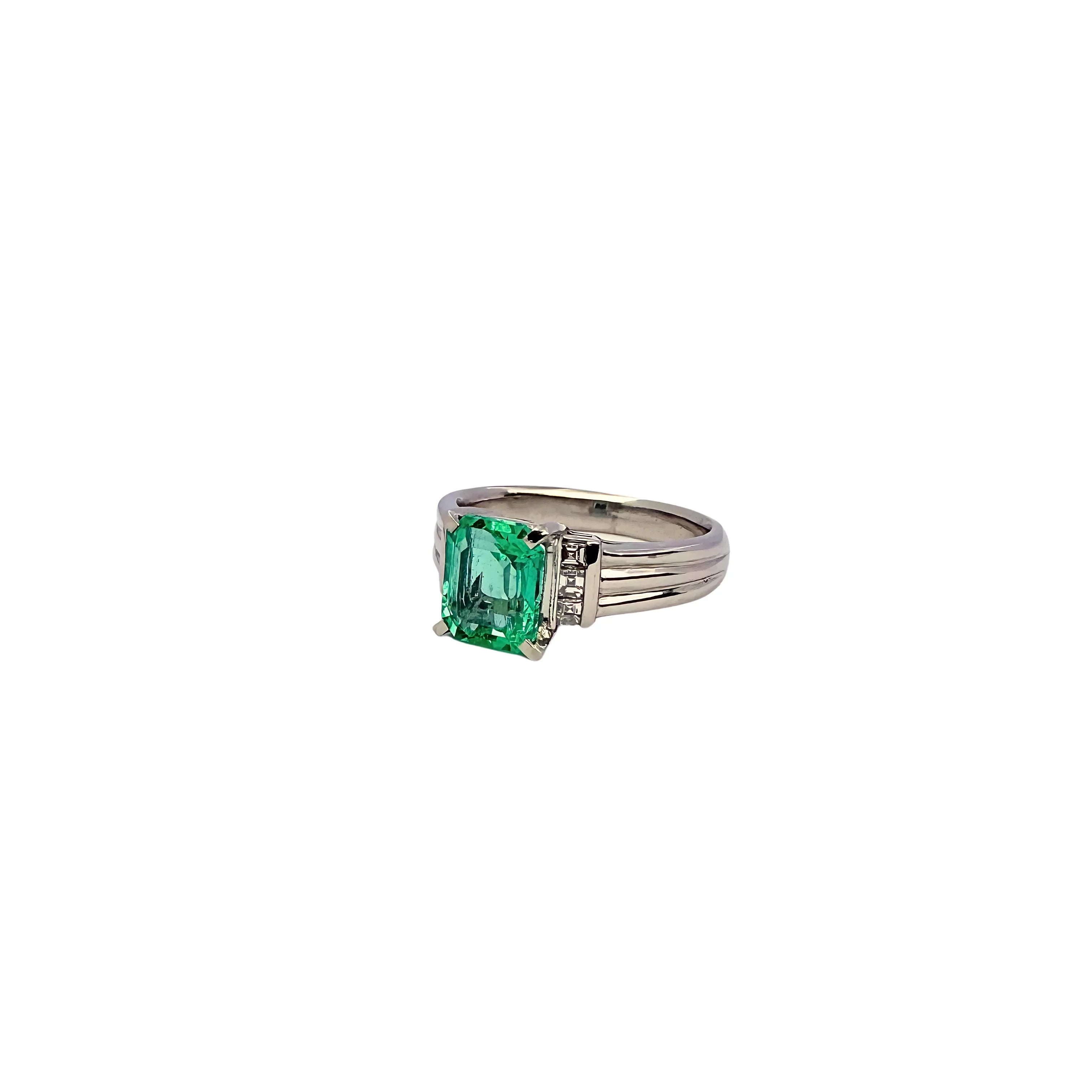 Platinum 900 Natural Emerald 1.12CT & Diamond 0.16CT Three Stone Ring SIZE P½ - Lost Designer