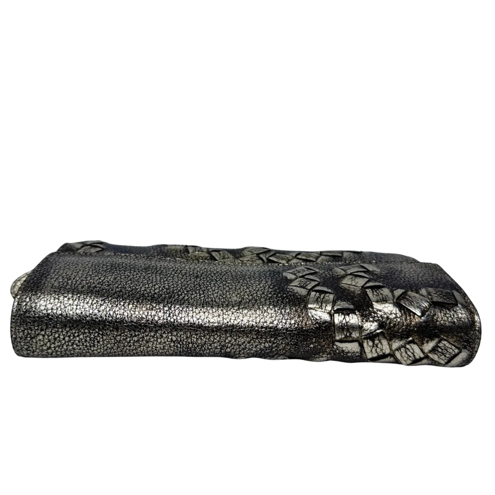 Bottega Veneta Metallic Pewter Woven and Pebbled Leather Long Wallet