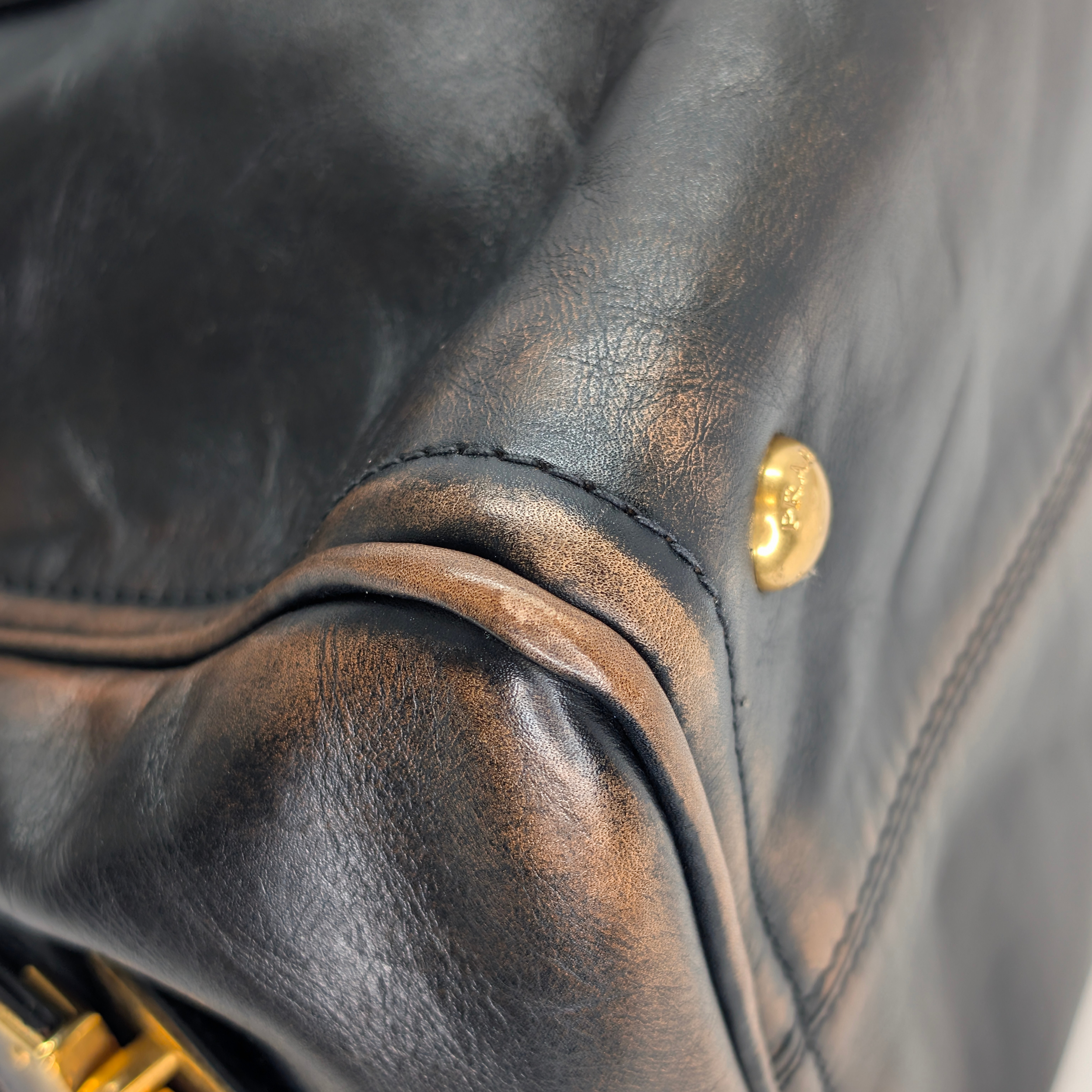 Prada Vitello Vintage Bowling Bag Distressed Black