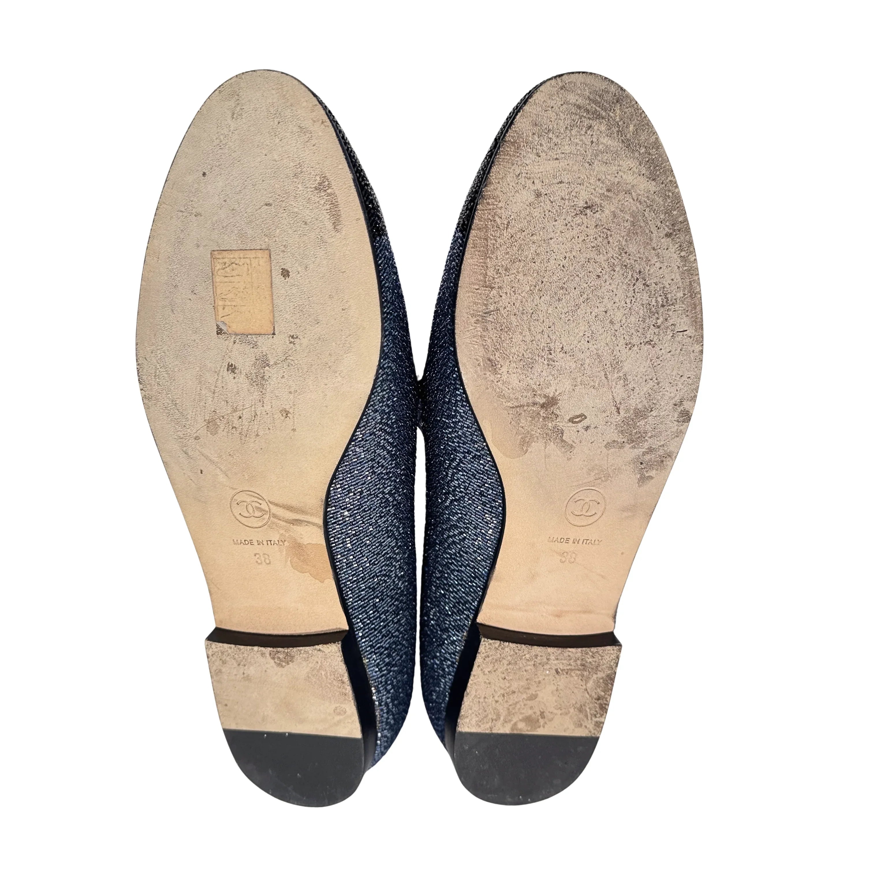 Chanel Glitter Loafers Lurex Fabric 38 Blue/Black - Lost Designer