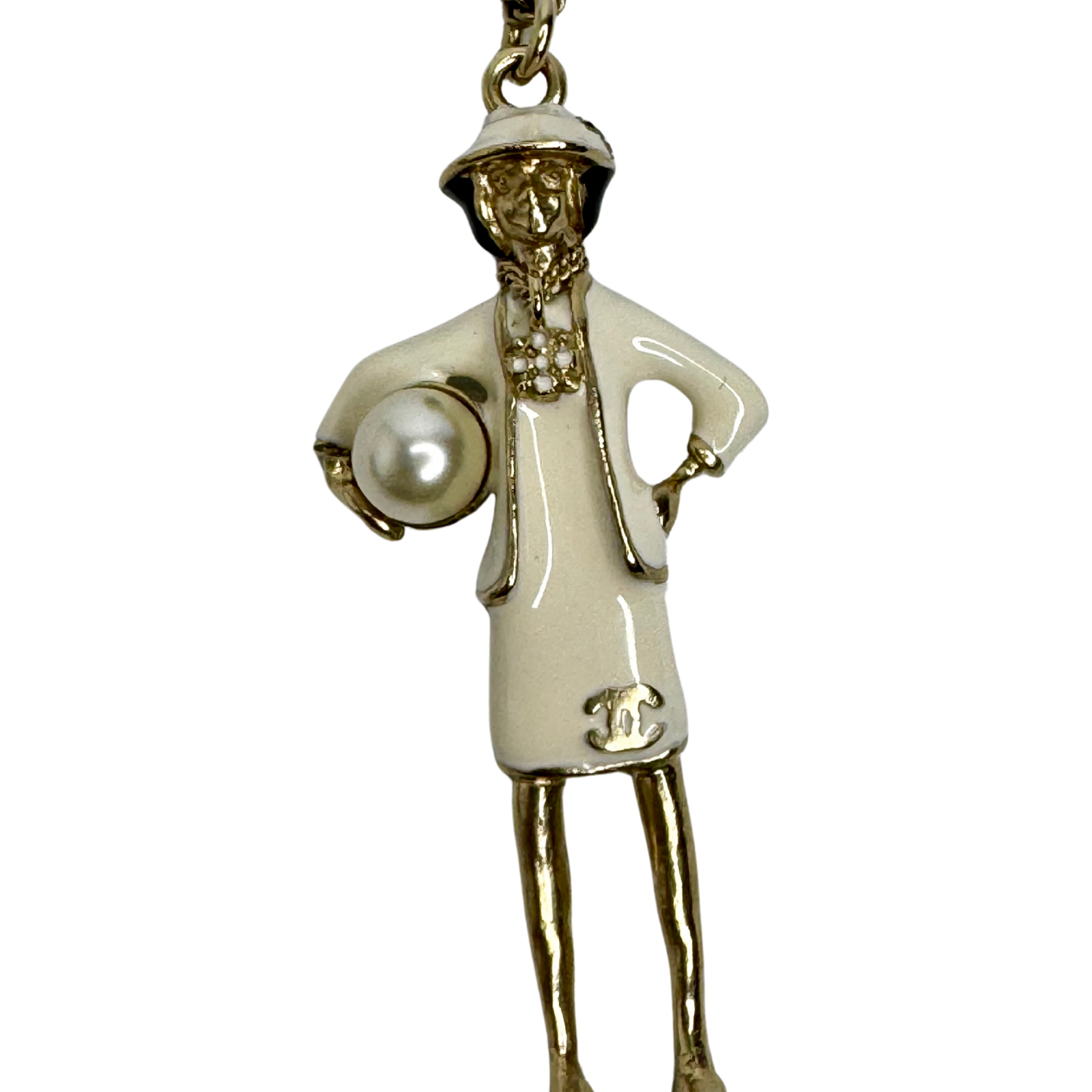 Chanel Mademoiselle Figurine Enamel Pearl Coco CC Pendant Necklace
