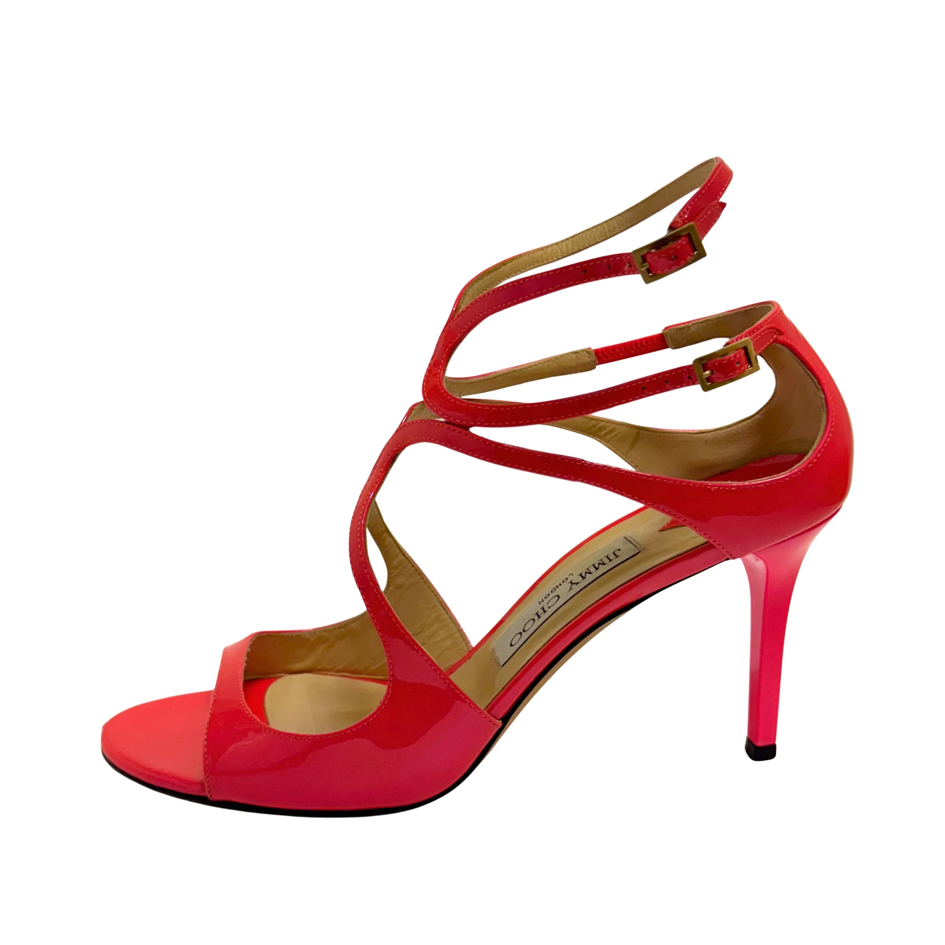 Jimmy Choo Lang 100 Patent Leather Sandals Pumps Neon Pink size 40