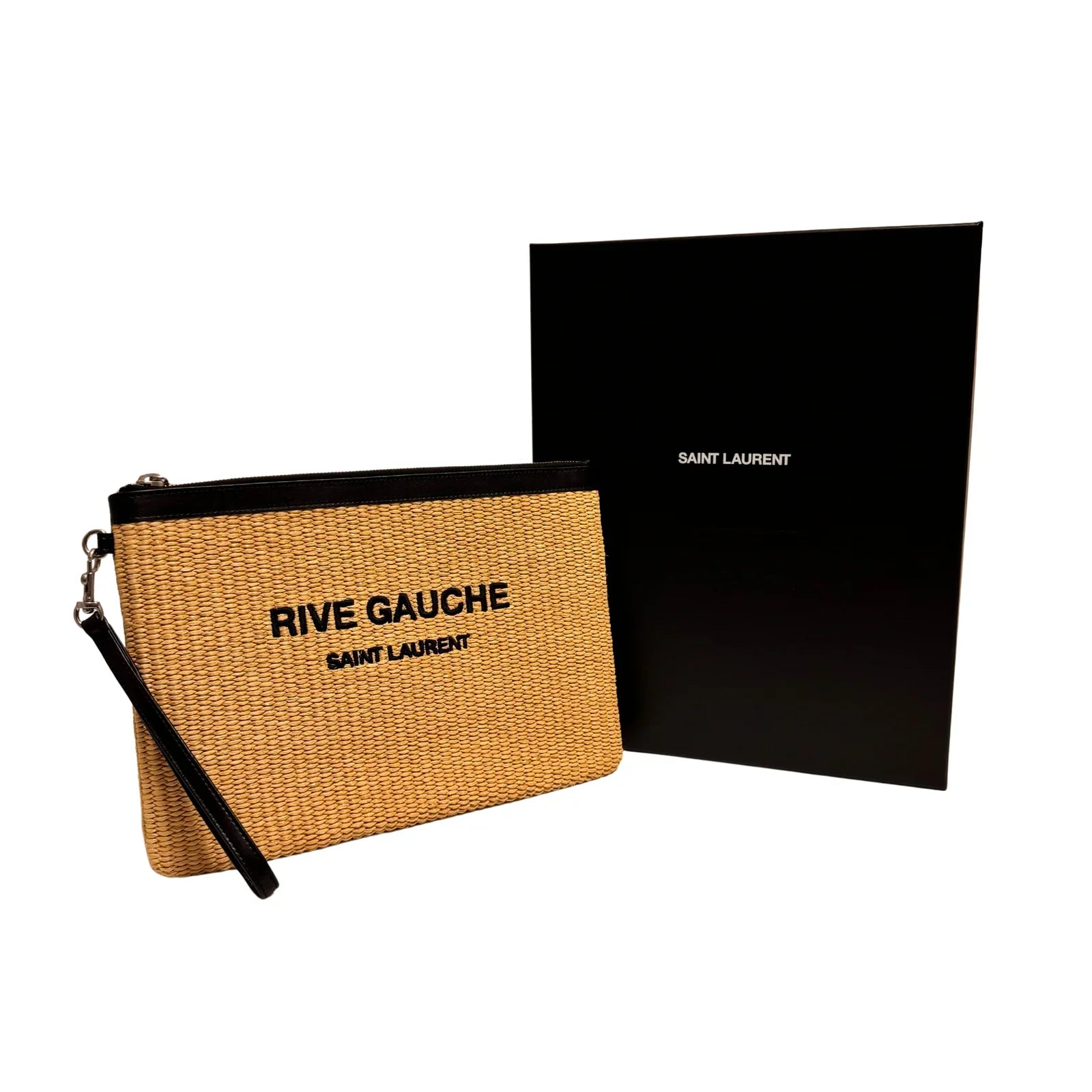 Saint Laurent Raffia Calfskin Rive Gauche Zipped Pouch