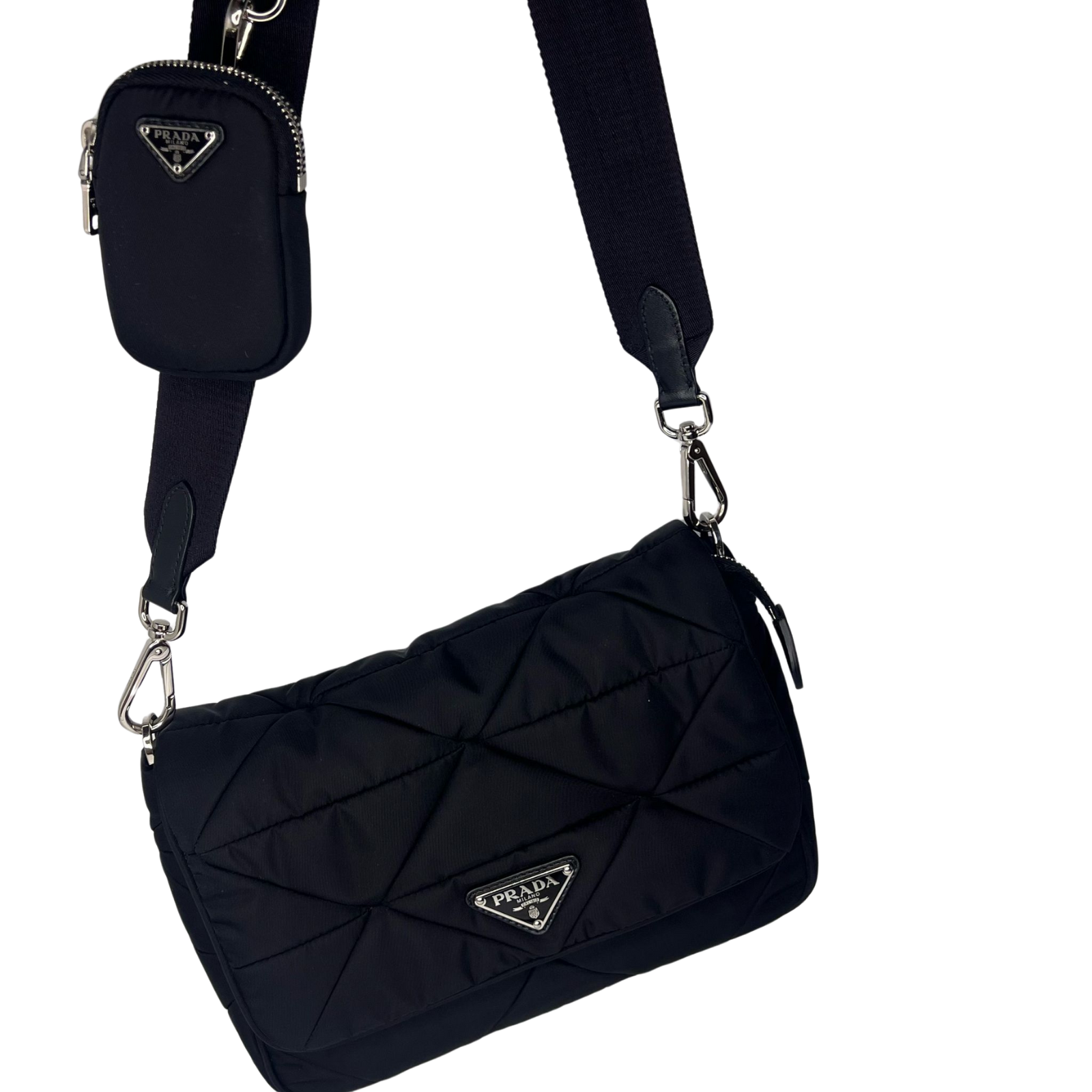 Prada Quilted Re-Nylon Crossbody Bag with Detachable Pouch – Black