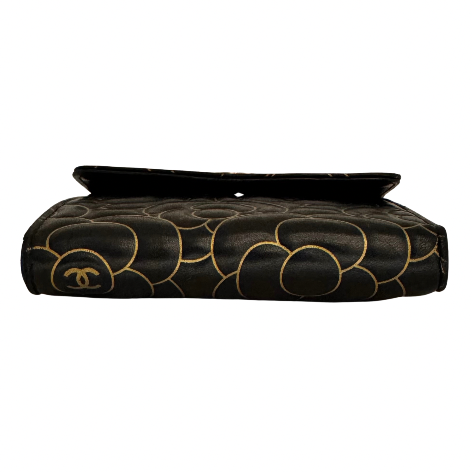 Chanel Lambskin Camellia Embossed Wallet in Black & Gold