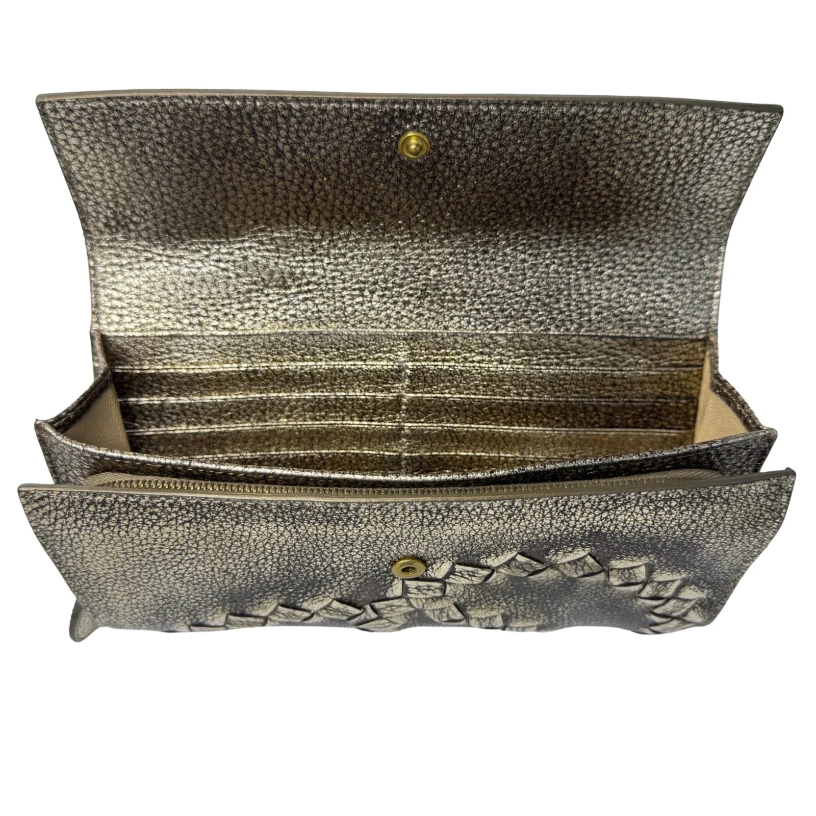 Bottega Veneta Metallic Pewter Woven and Pebbled Leather Long Wallet