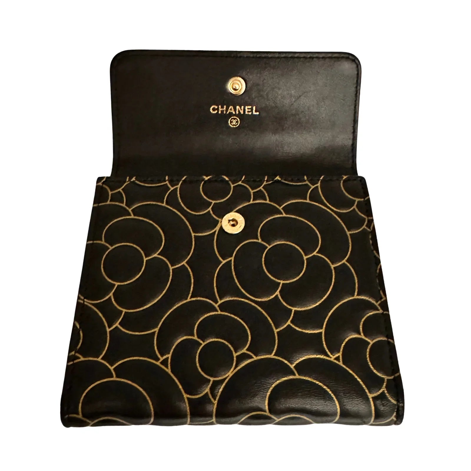Chanel Lambskin Camellia Embossed Wallet in Black & Gold