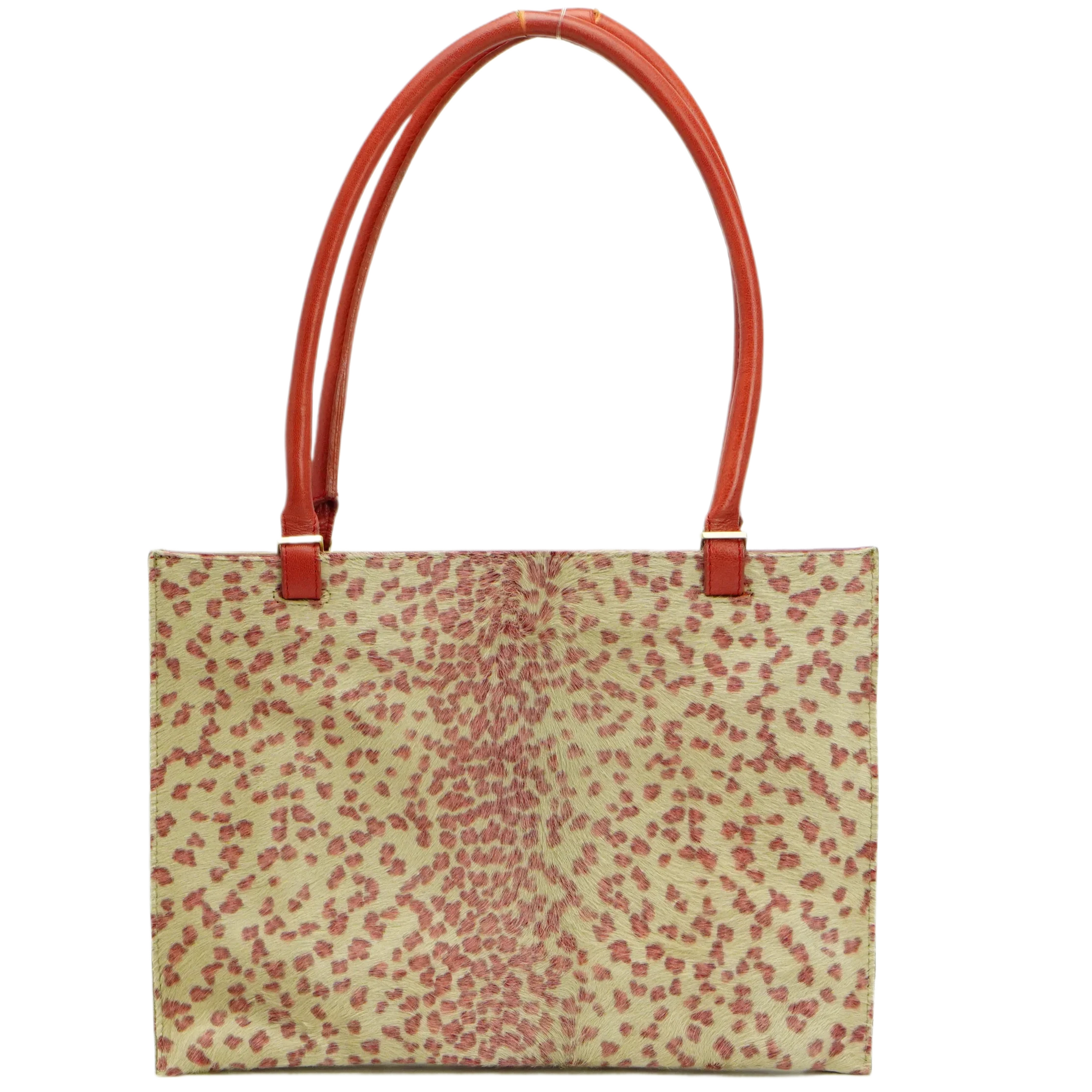 Bottega Veneta Biege & Red Cheetah Cowhide Print Handbag