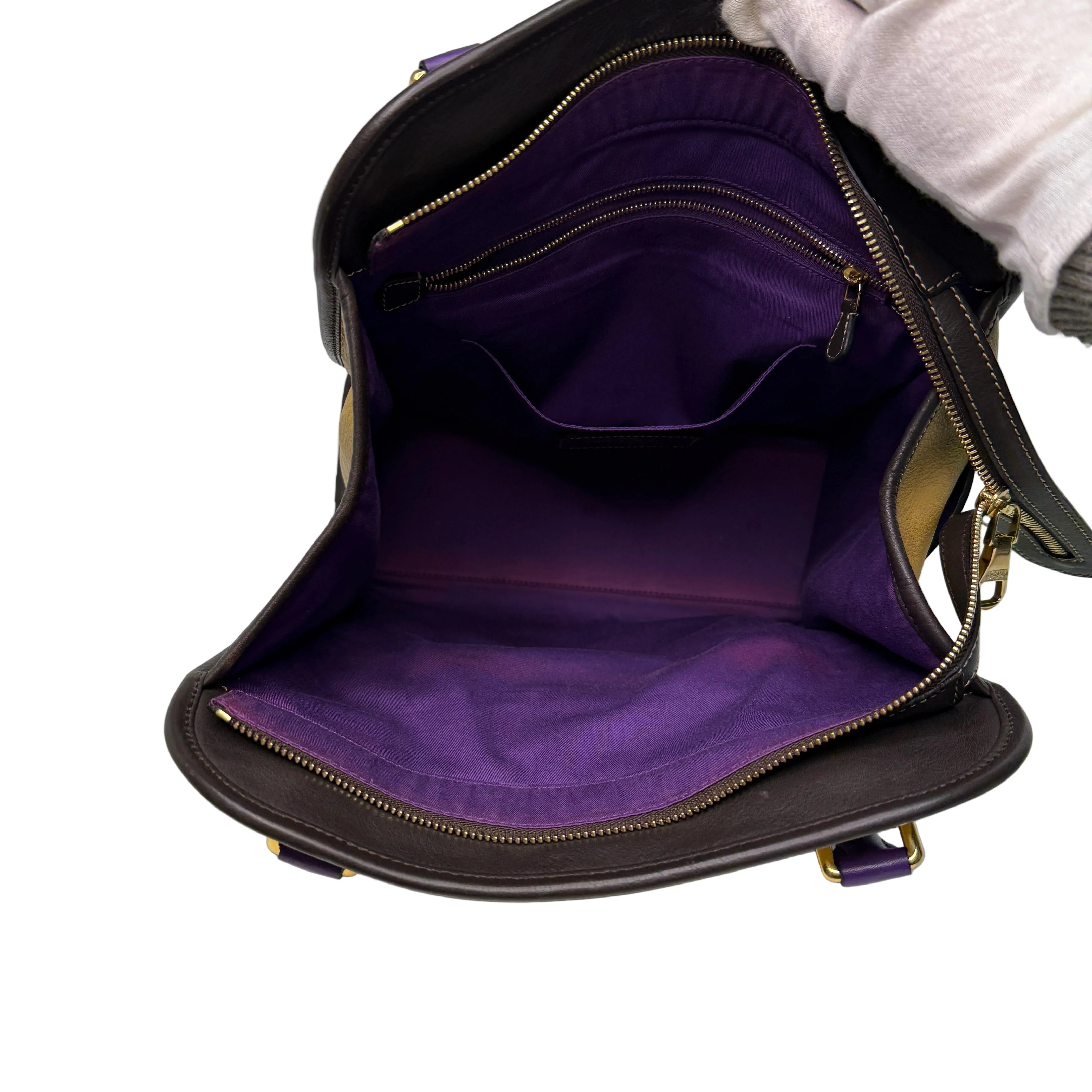 Loewe Tricolour Pebbled Handbag Leather Tan Purple - Lost Designer