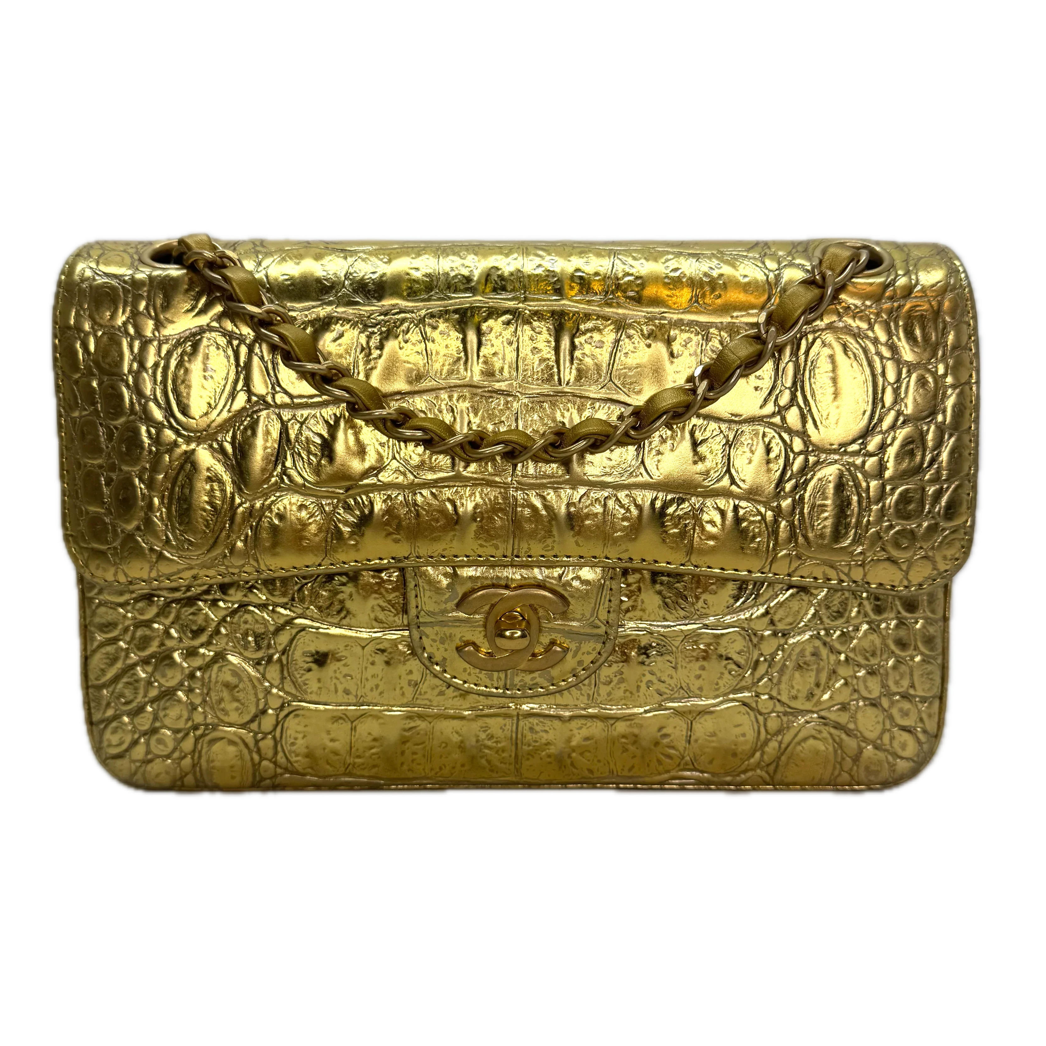 Chanel Double Flap Gold Egyptian Fall 2019 Medium embossed Crocodile Bag - Lost Designer