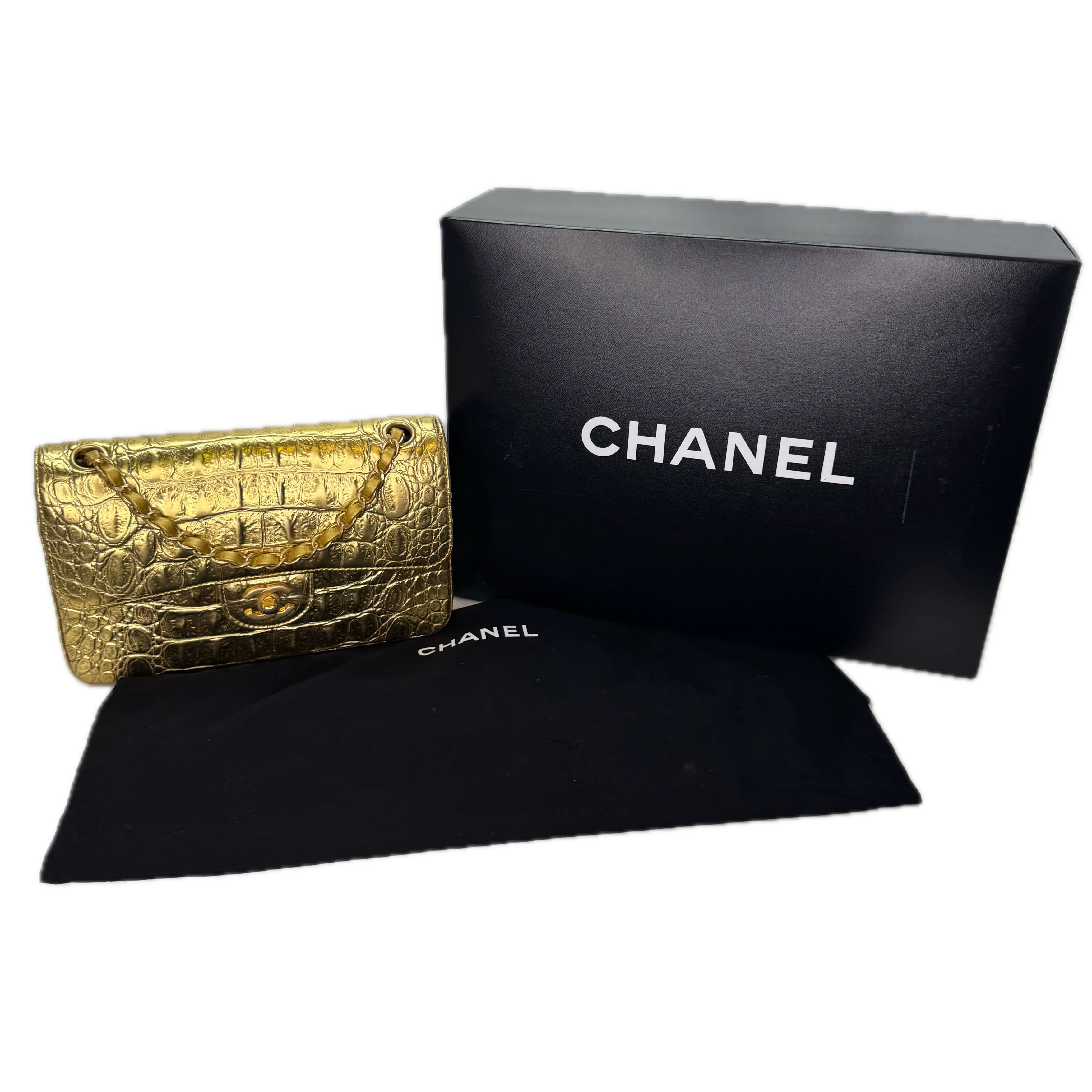 Chanel Double Flap Gold Egyptian Fall 2019 Medium embossed Crocodile Bag - Lost Designer