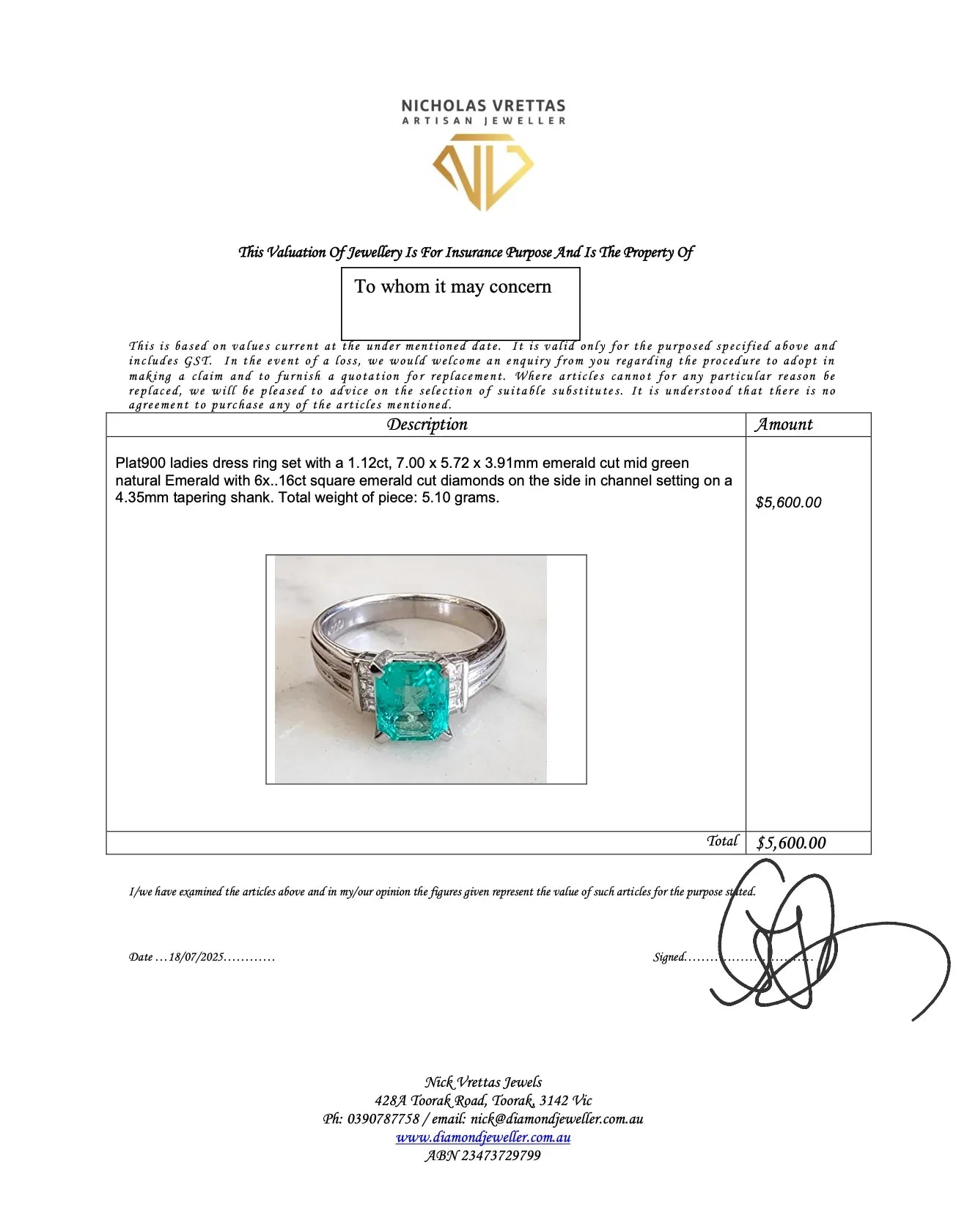 Platinum 900 Natural Emerald 1.12CT & Diamond 0.16CT Three Stone Ring SIZE P½