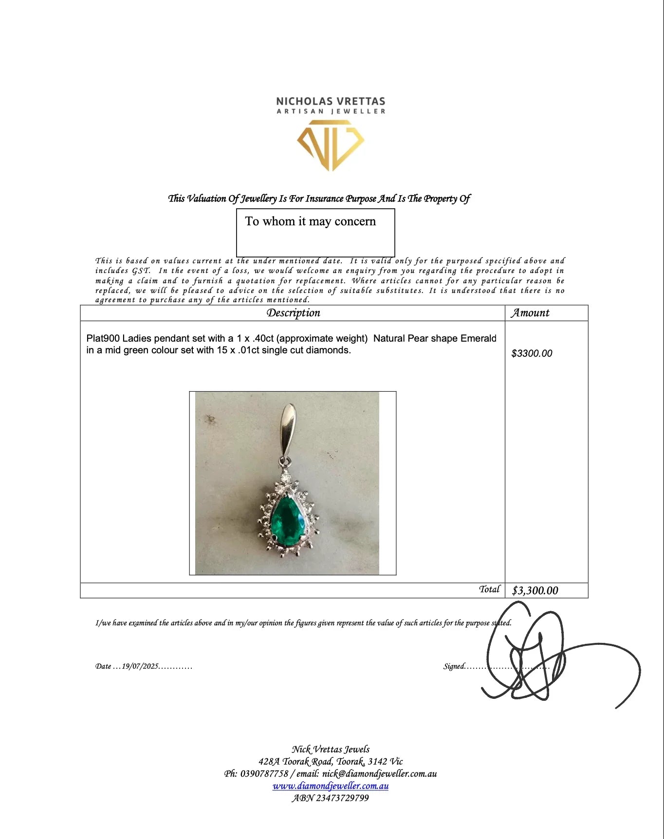 Platinum 900 Natural Emerald 0.40ct & Diamond 0.15ct Pear Halo Pendant